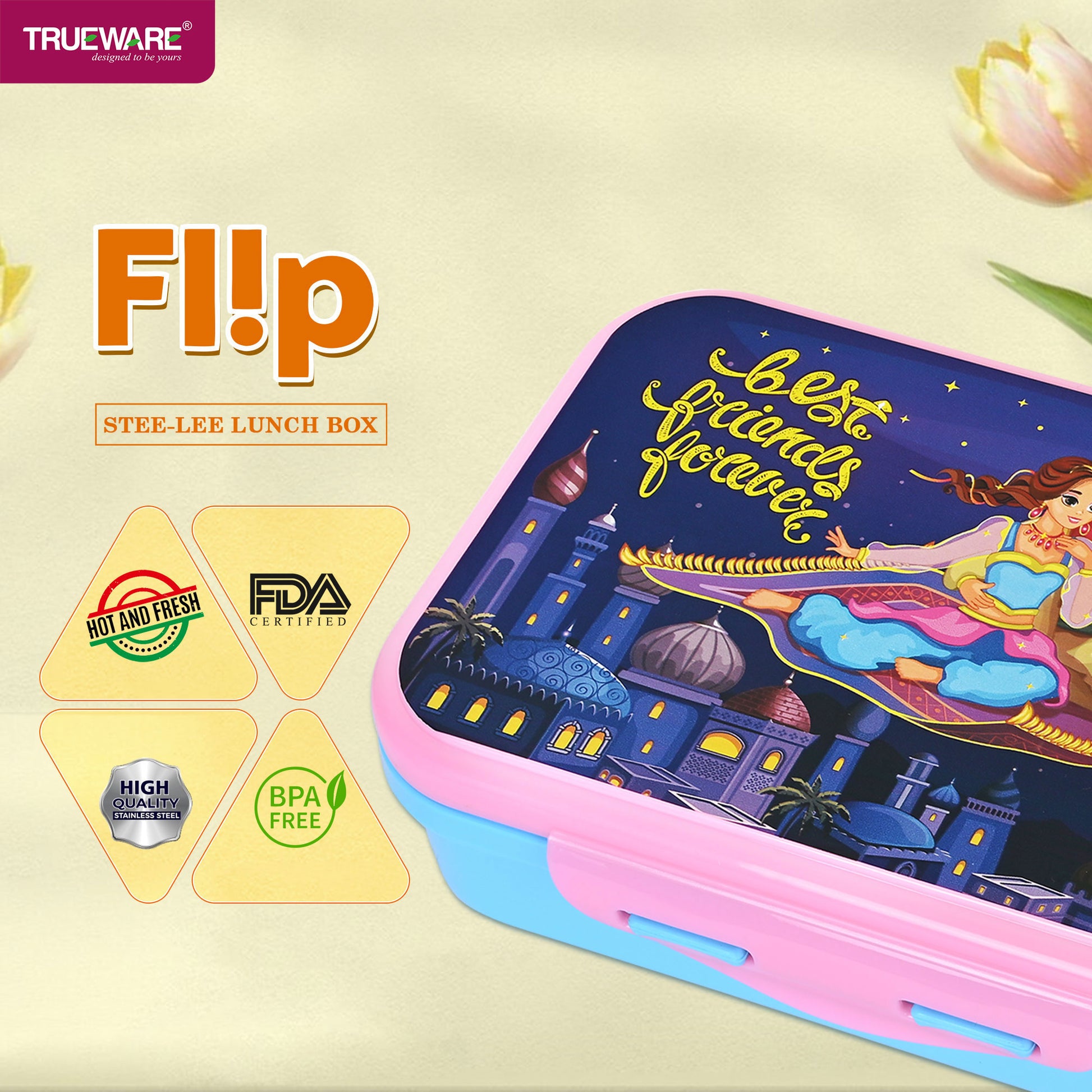 Trueware Flip Lunch Box Inner Steel Outer Plastic Big Container 900ml & Veggie Container 150ml