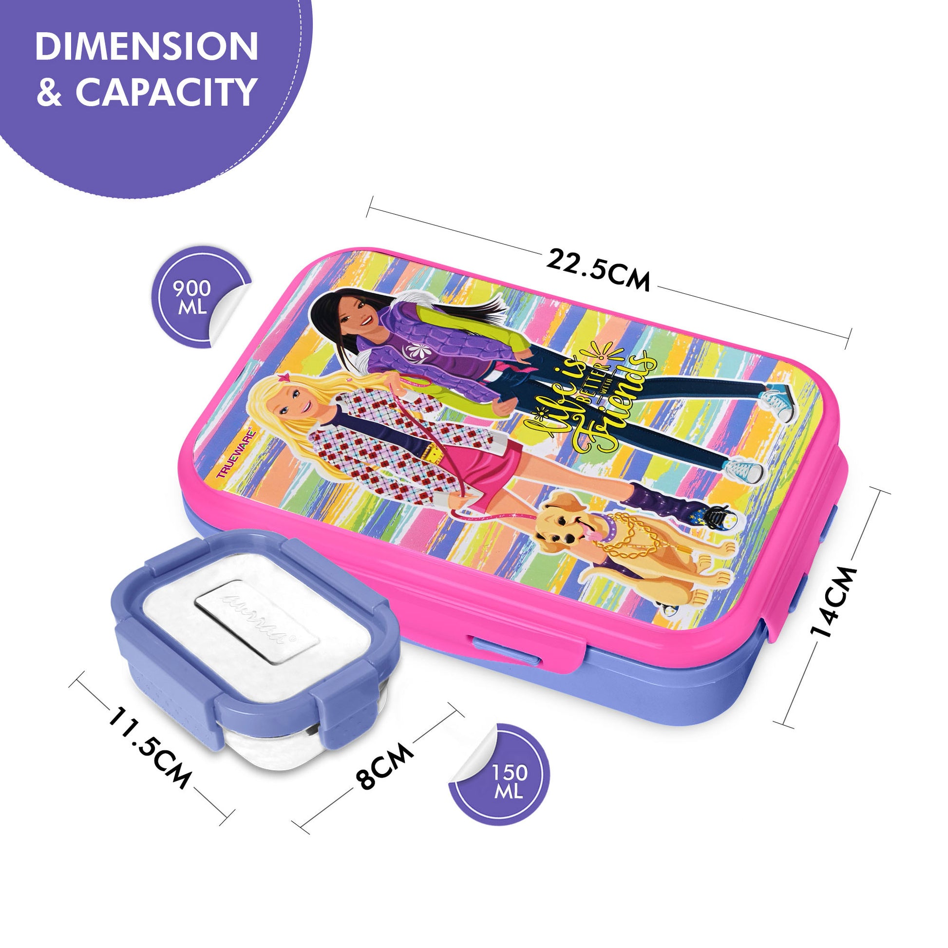 Trueware Flip Lunch Box Inner Steel Outer Plastic Big Container 900ml & Veggie Container 150ml