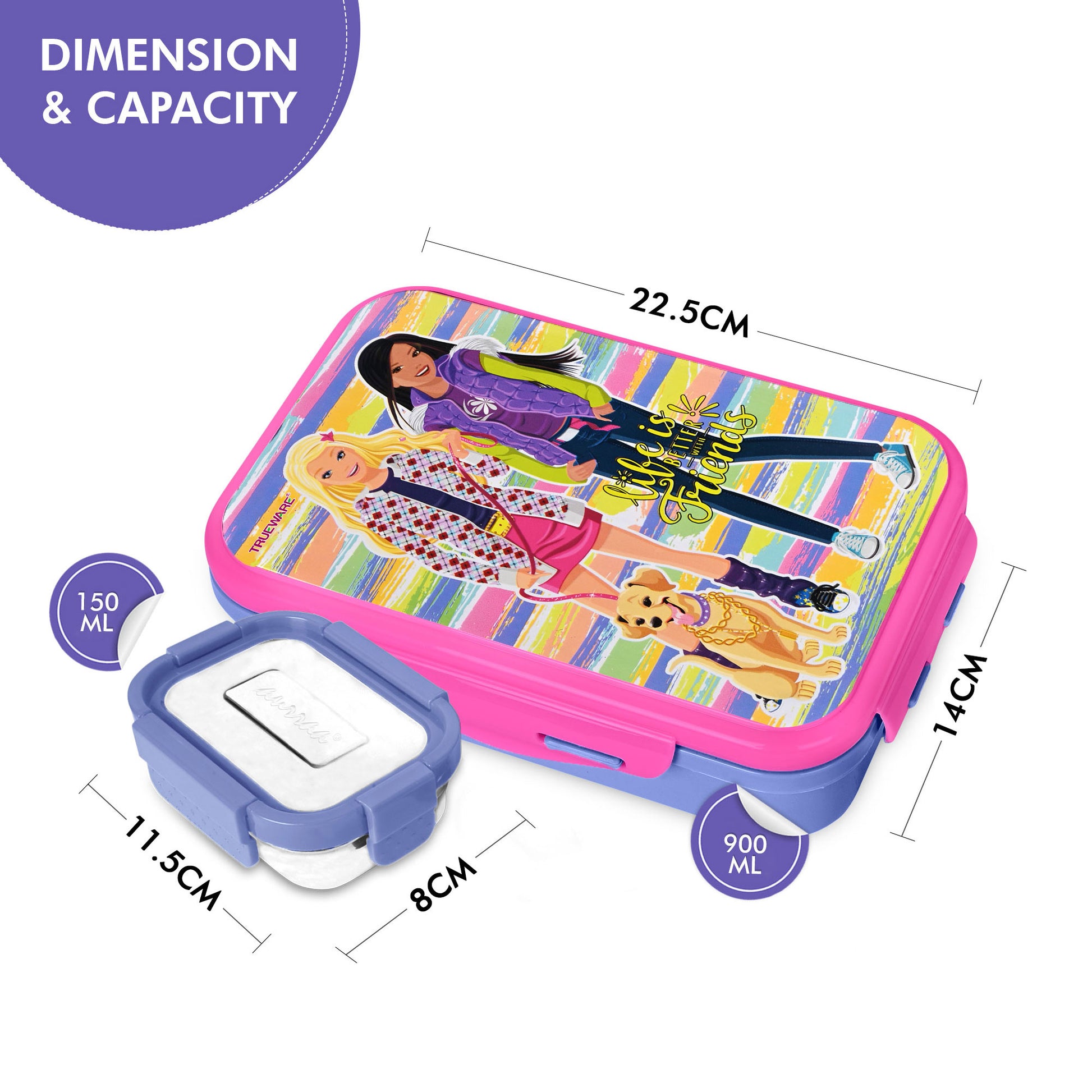 Trueware Flip Lunch Box Inner Steel Outer Plastic Big Container 900ml & Veggie Container 150ml