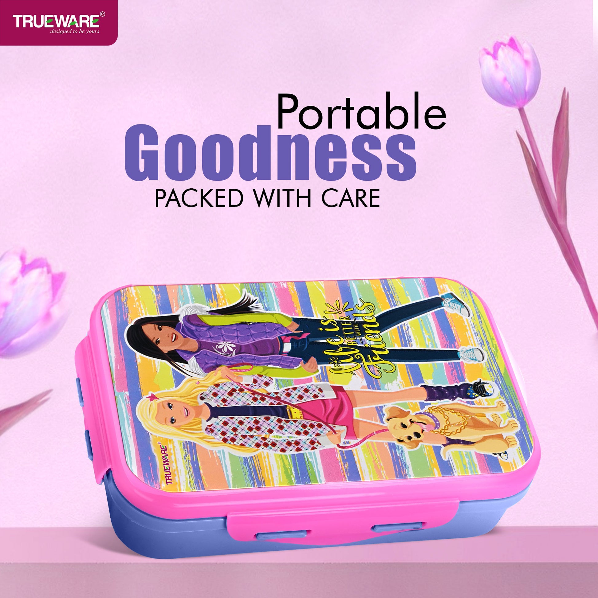 Trueware Flip Lunch Box Inner Steel Outer Plastic Big Container 900ml & Veggie Container 150ml