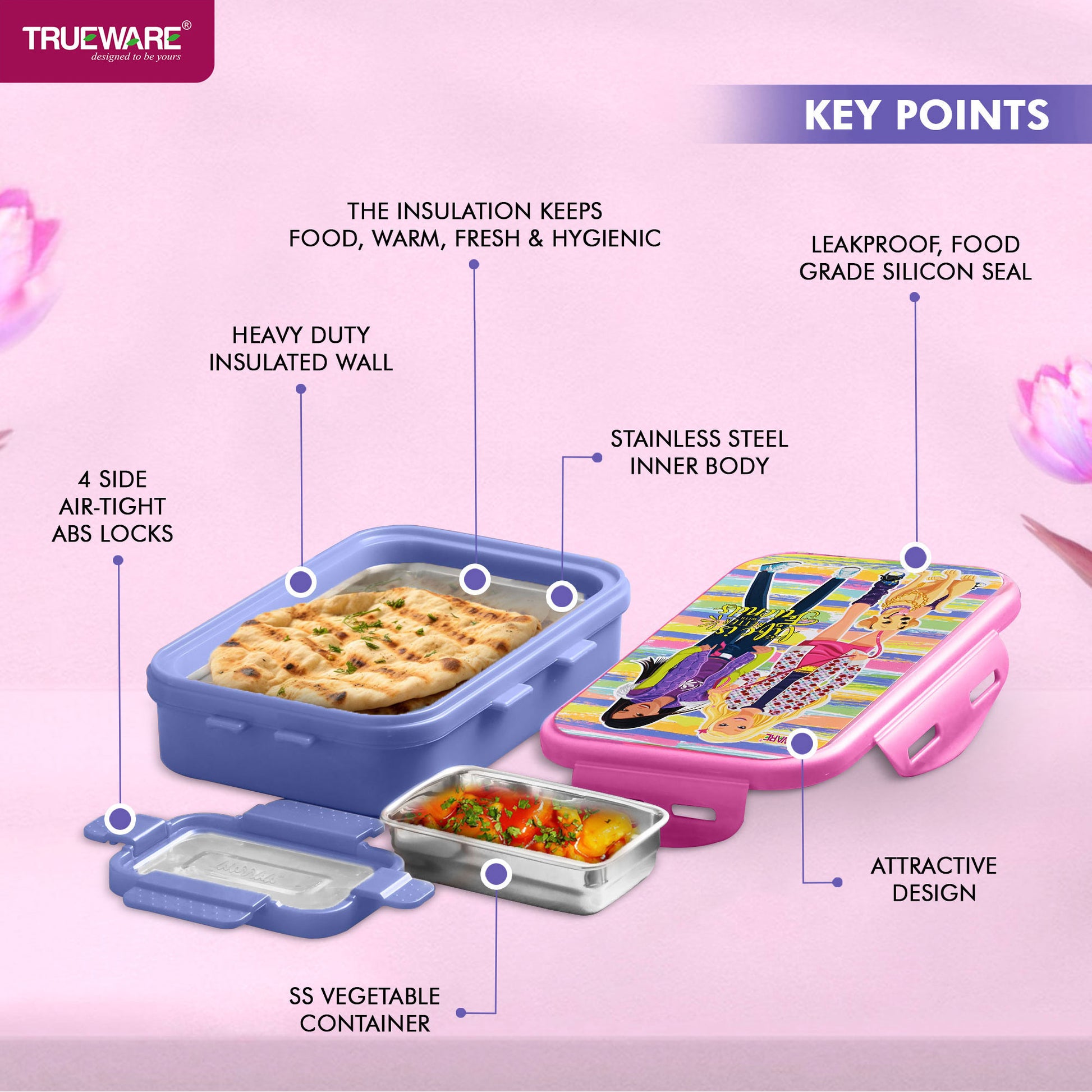 Trueware Flip Lunch Box Inner Steel Outer Plastic Big Container 900ml & Veggie Container 150ml