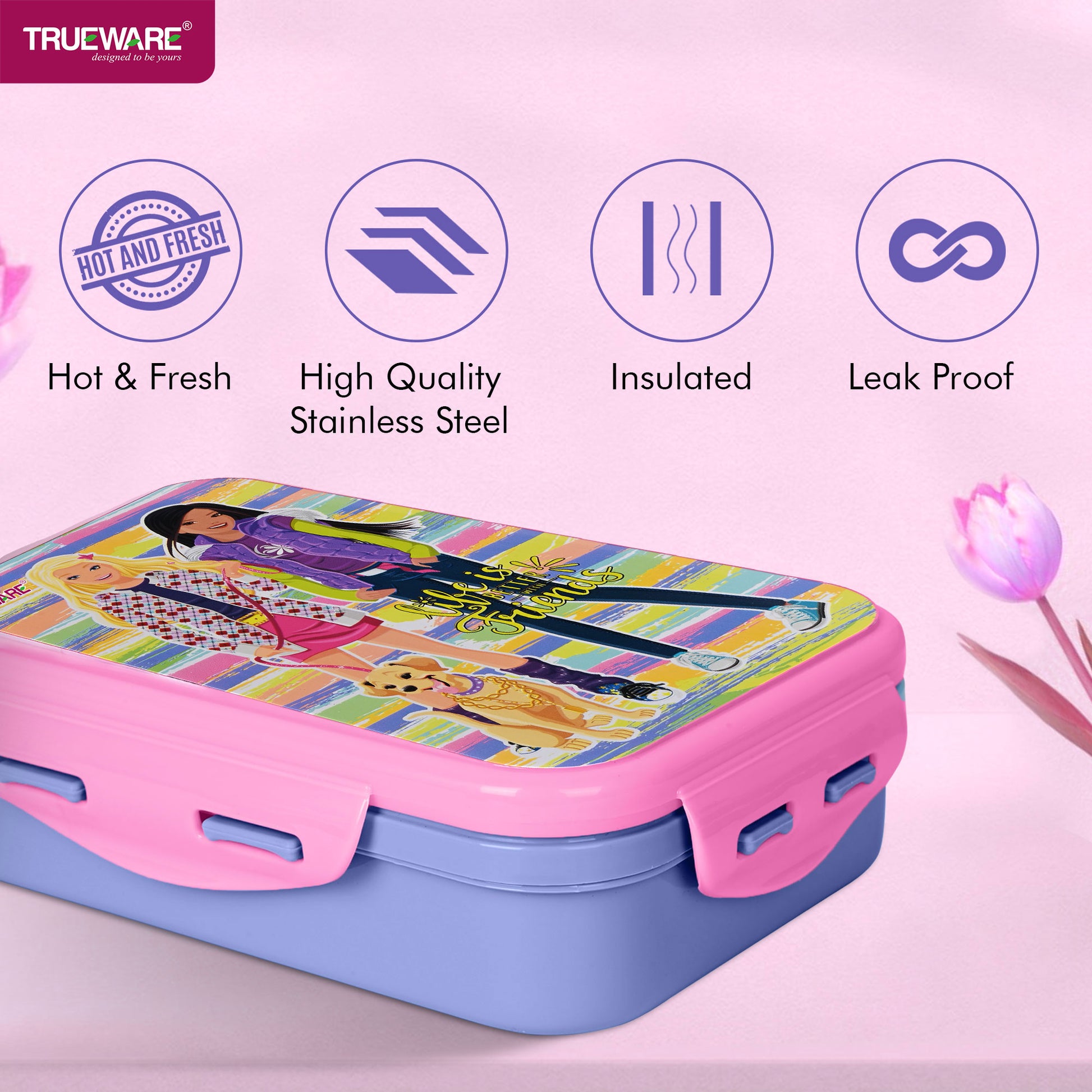 Trueware Flip Lunch Box Inner Steel Outer Plastic Big Container 900ml & Veggie Container 150ml