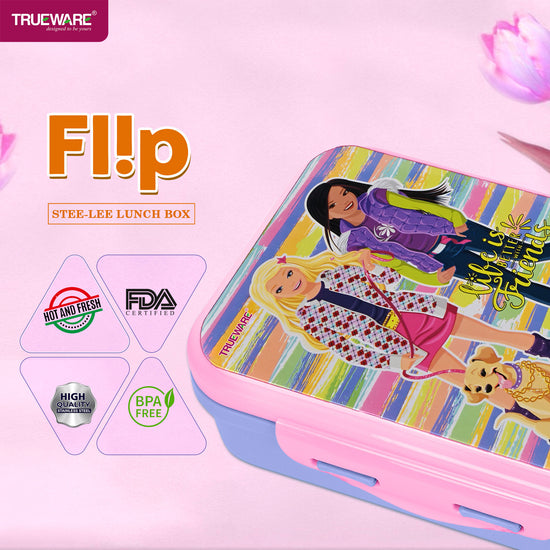 Trueware Flip Lunch Box Inner Steel Outer Plastic Big Container 900ml & Veggie Container 150ml