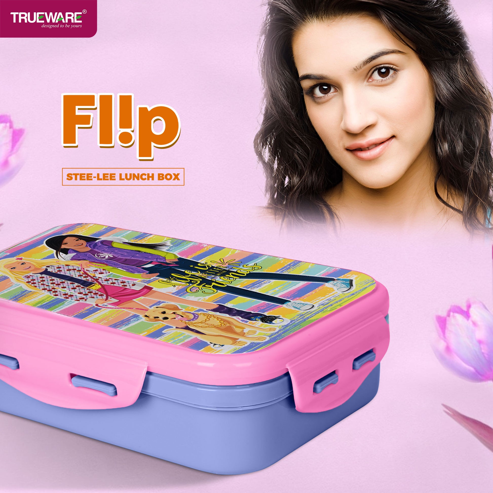 Trueware Flip Lunch Box Inner Steel Outer Plastic Big Container 900ml & Veggie Container 150ml