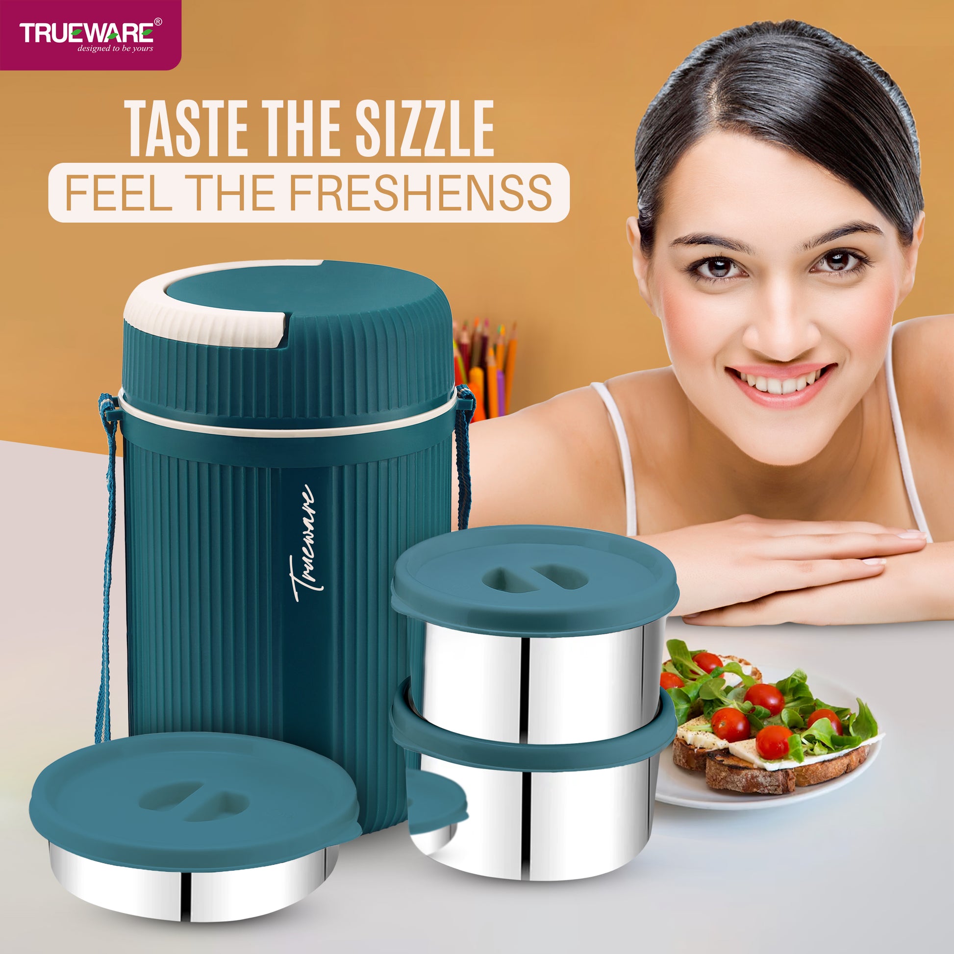 Trueware GRUB 2 Double Wall Insulated Hot Lunch Box with 2 SS Container 300 ML Each & 1 SS Container 200ML