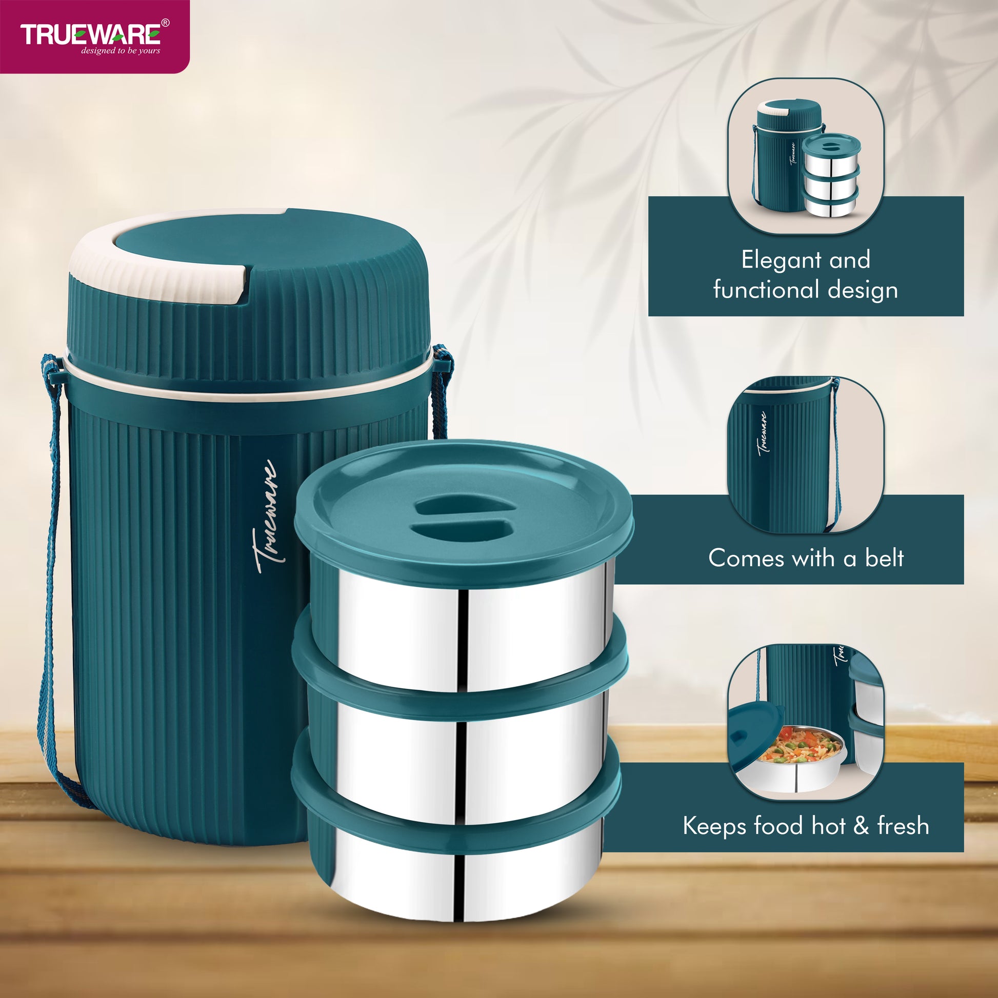 Trueware GRUB 2 Double Wall Insulated Hot Lunch Box with 2 SS Container 300 ML Each & 1 SS Container 200ML