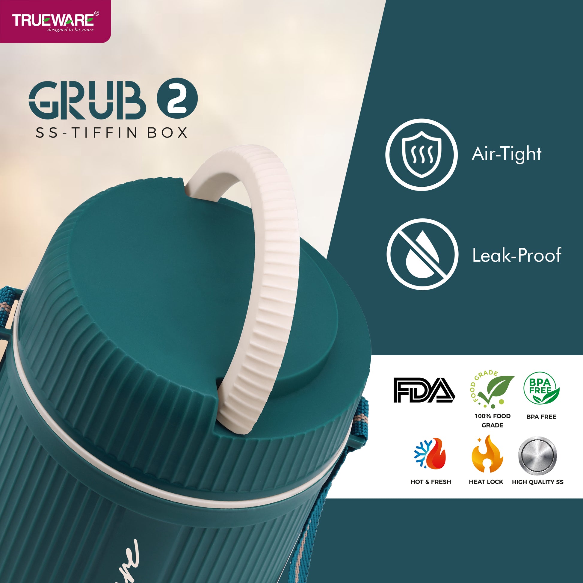 Trueware GRUB 2 Double Wall Insulated Hot Lunch Box with 2 SS Container 300 ML Each & 1 SS Container 200ML