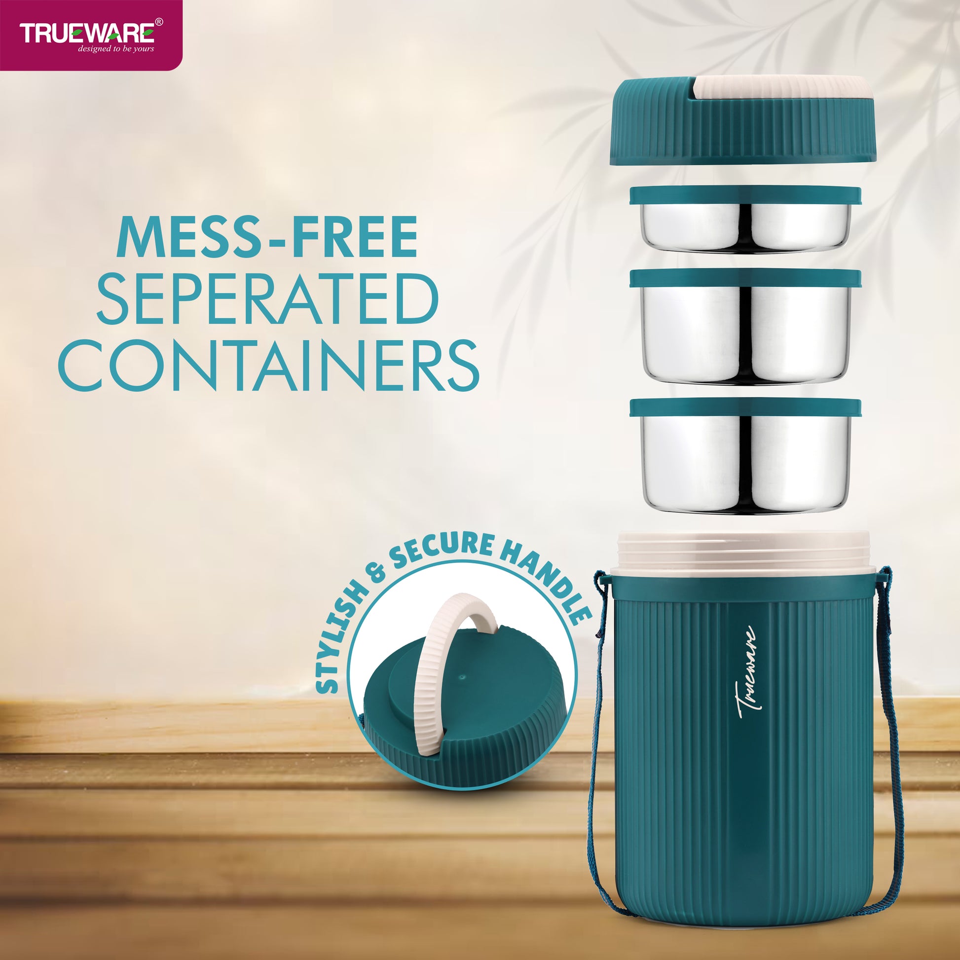 Trueware GRUB 2 Double Wall Insulated Hot Lunch Box with 2 SS Container 300 ML Each & 1 SS Container 200ML