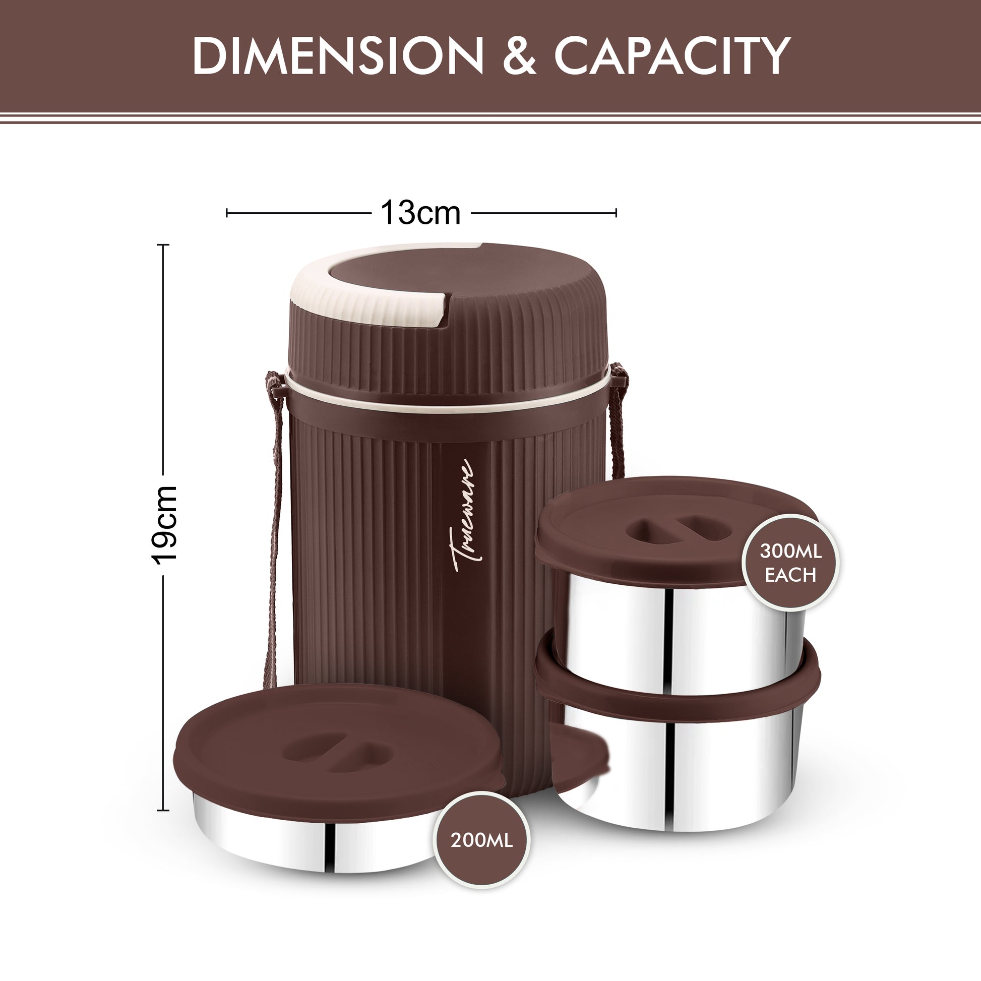 Trueware GRUB 2 Double Wall Insulated Hot Lunch Box with 2 SS Container 300 ML Each & 1 SS Container 200ML