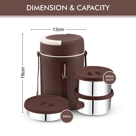 Trueware GRUB 2 Double Wall Insulated Hot Lunch Box with 2 SS Container 300 ML Each & 1 SS Container 200ML
