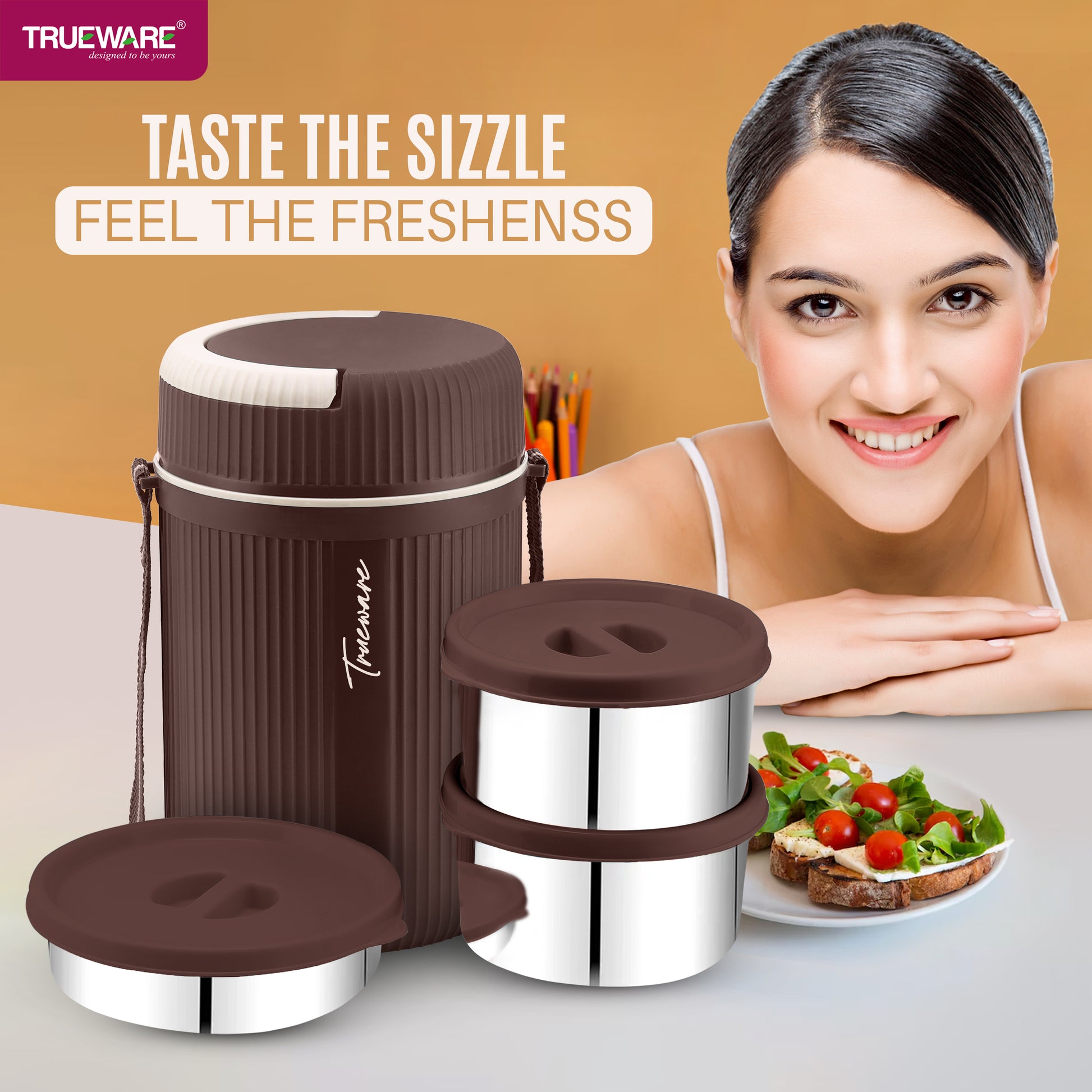 Trueware GRUB 2 Double Wall Insulated Hot Lunch Box with 2 SS Container 300 ML Each & 1 SS Container 200ML