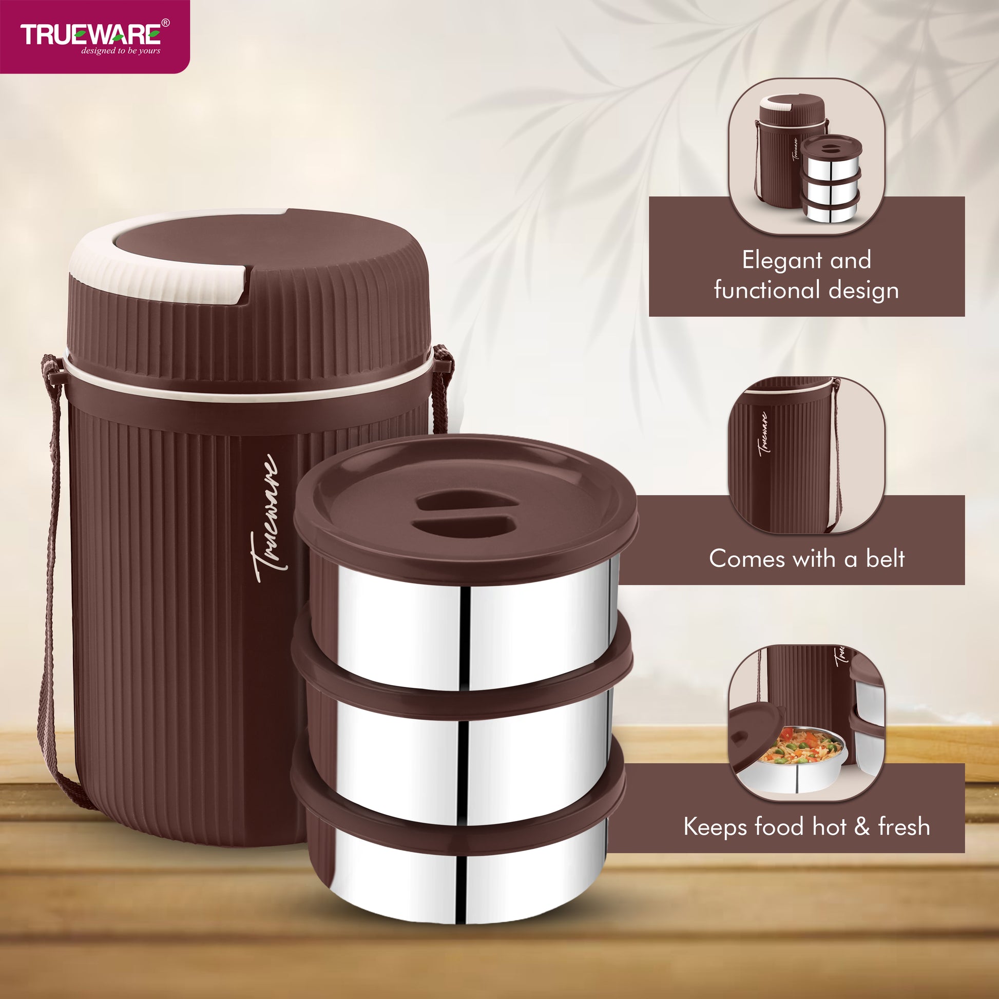 Trueware GRUB 2 Double Wall Insulated Hot Lunch Box with 2 SS Container 300 ML Each & 1 SS Container 200ML