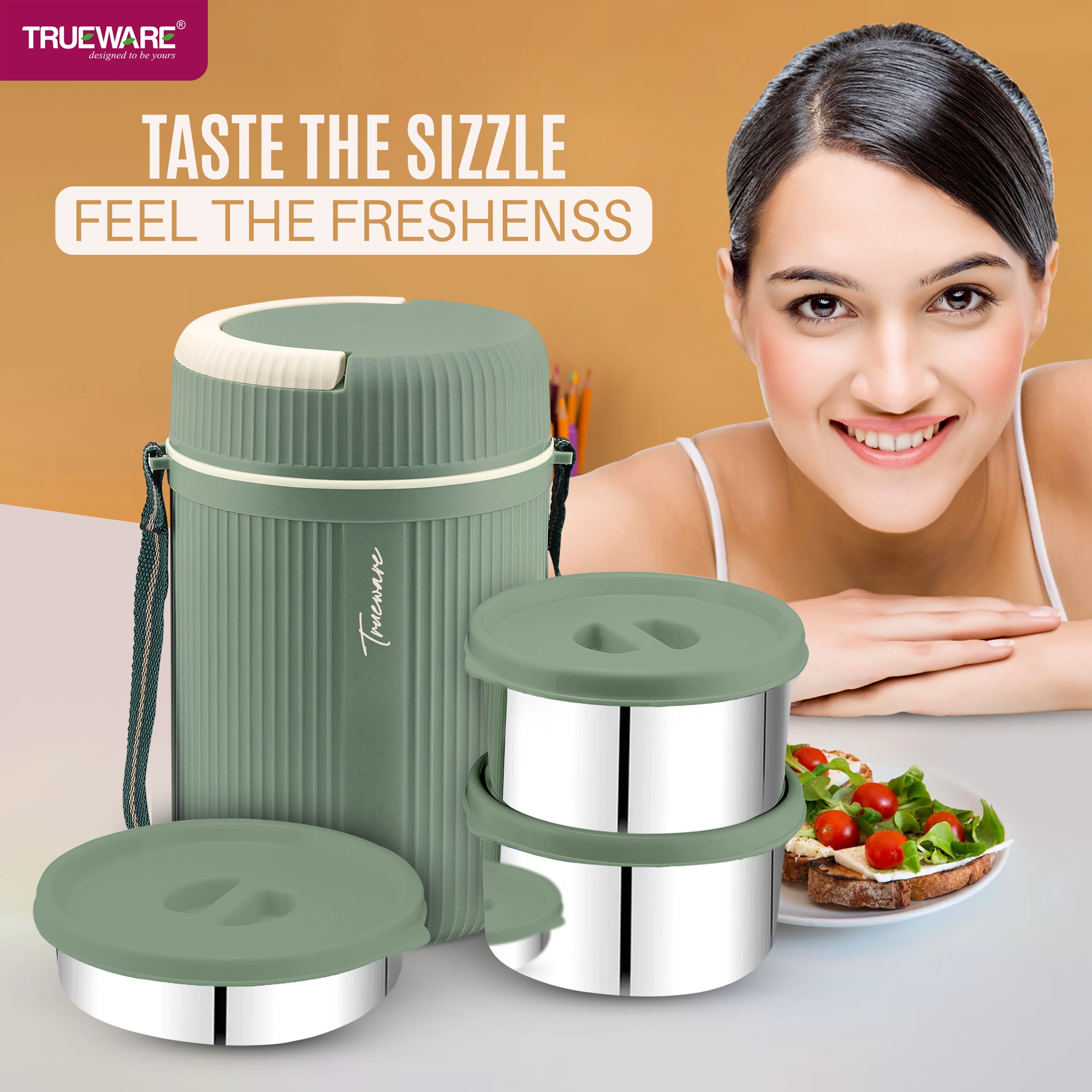Trueware GRUB 2 Double Wall Insulated Hot Lunch Box with 2 SS Container 300 ML Each & 1 SS Container 200ML