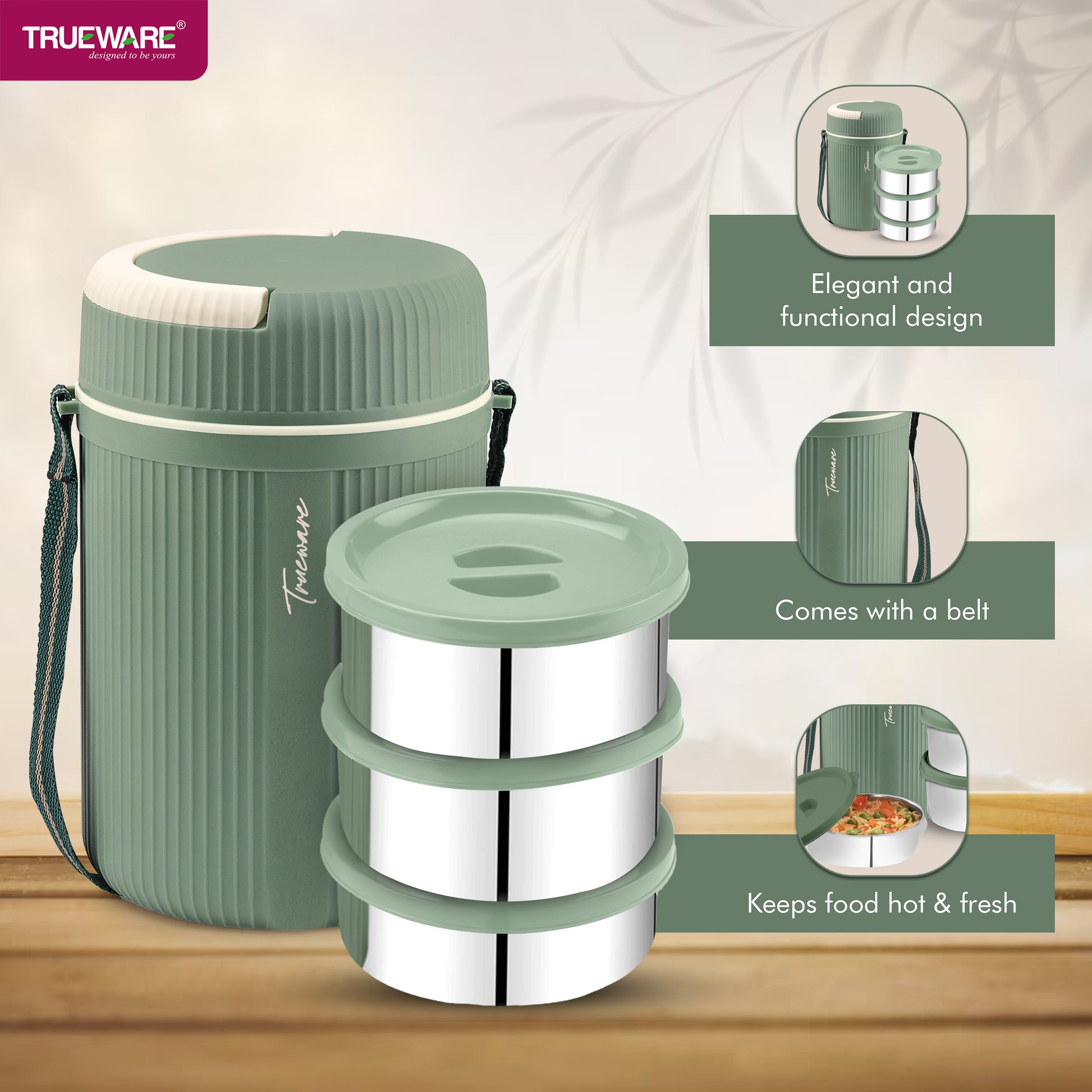 Trueware GRUB 2 Double Wall Insulated Hot Lunch Box with 2 SS Container 300 ML Each & 1 SS Container 200ML