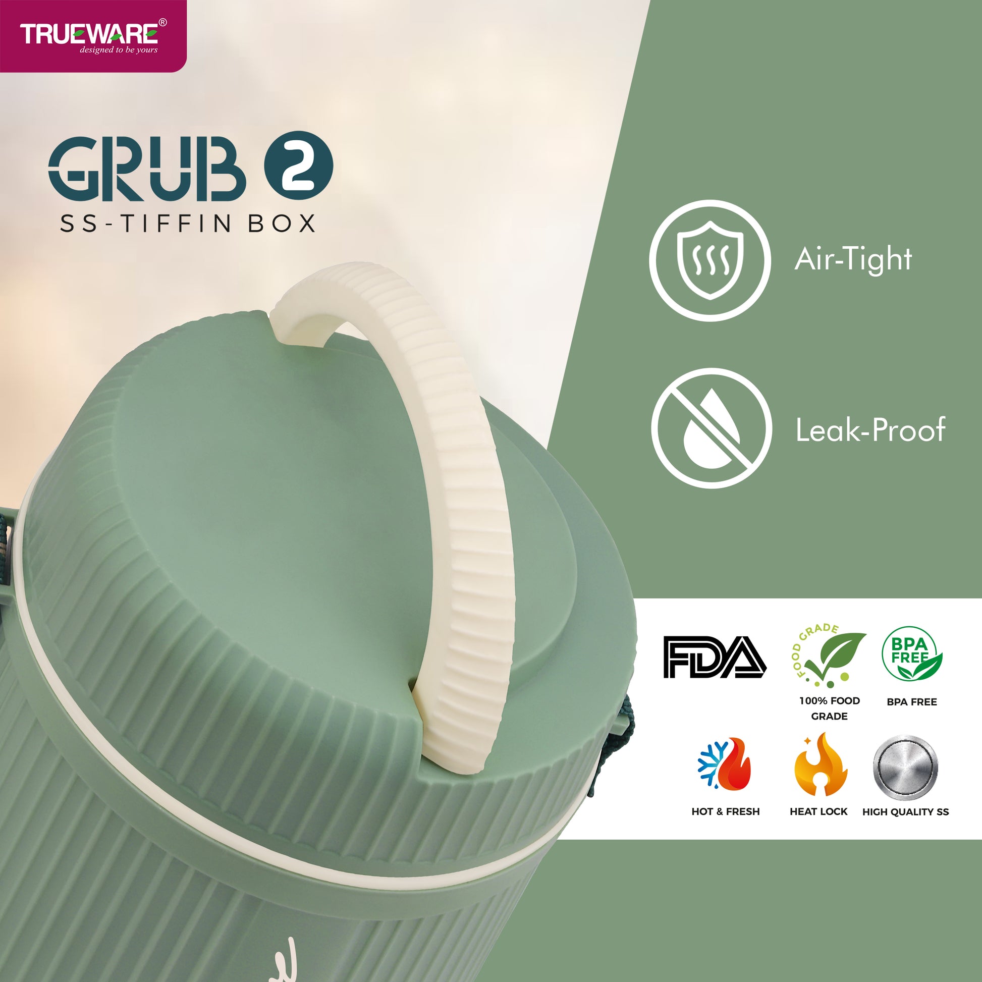 Trueware GRUB 2 Double Wall Insulated Hot Lunch Box with 2 SS Container 300 ML Each & 1 SS Container 200ML