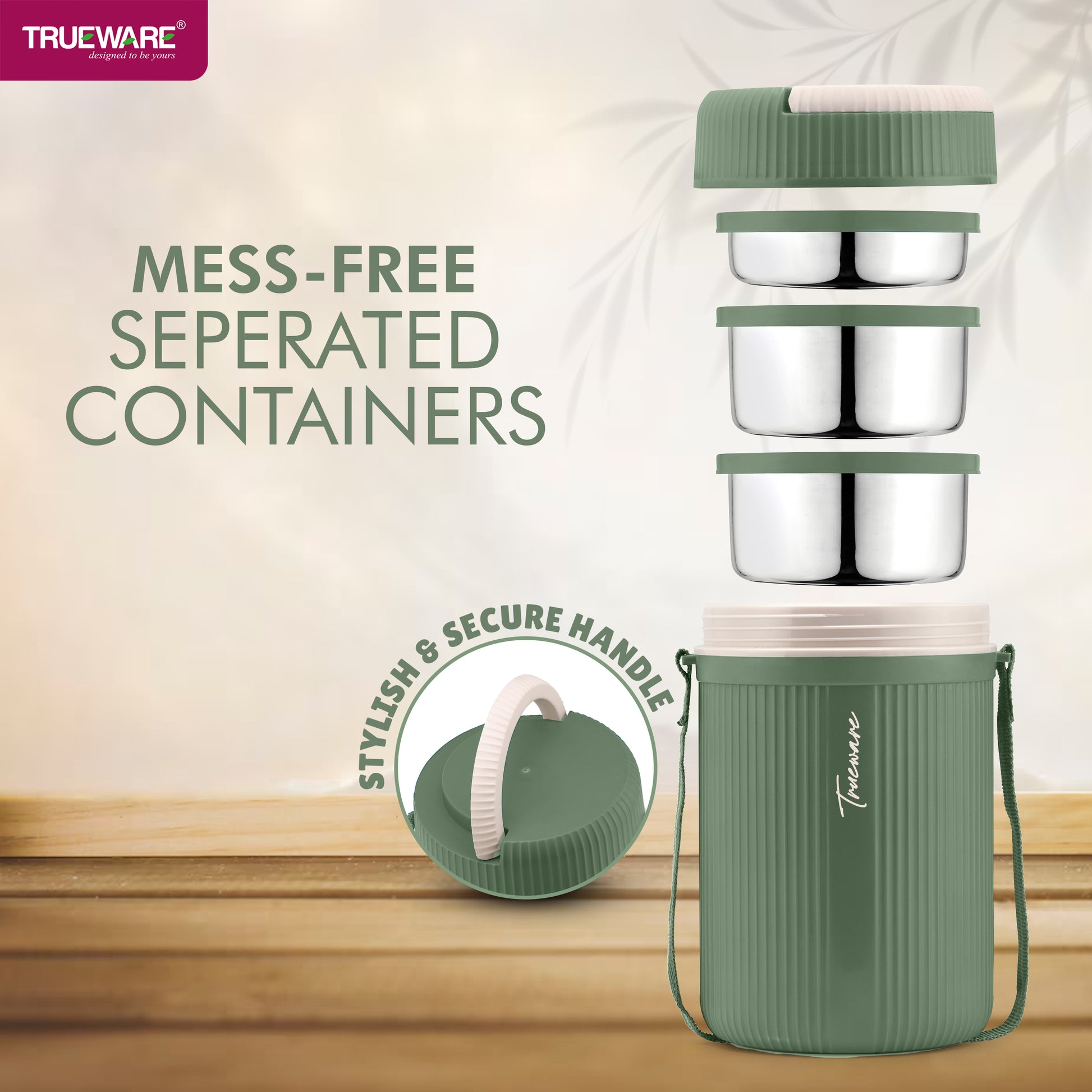 Trueware GRUB 2 Double Wall Insulated Hot Lunch Box with 2 SS Container 300 ML Each & 1 SS Container 200ML