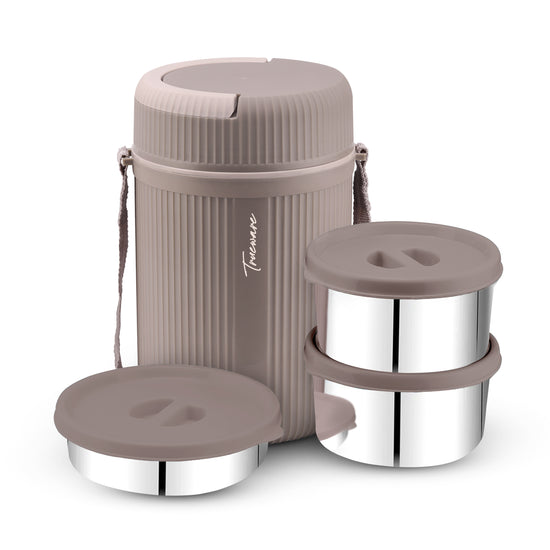 Trueware GRUB 2 Double Wall Insulated Hot Lunch Box with 2 SS Container 300 ML Each & 1 SS Container 200ML