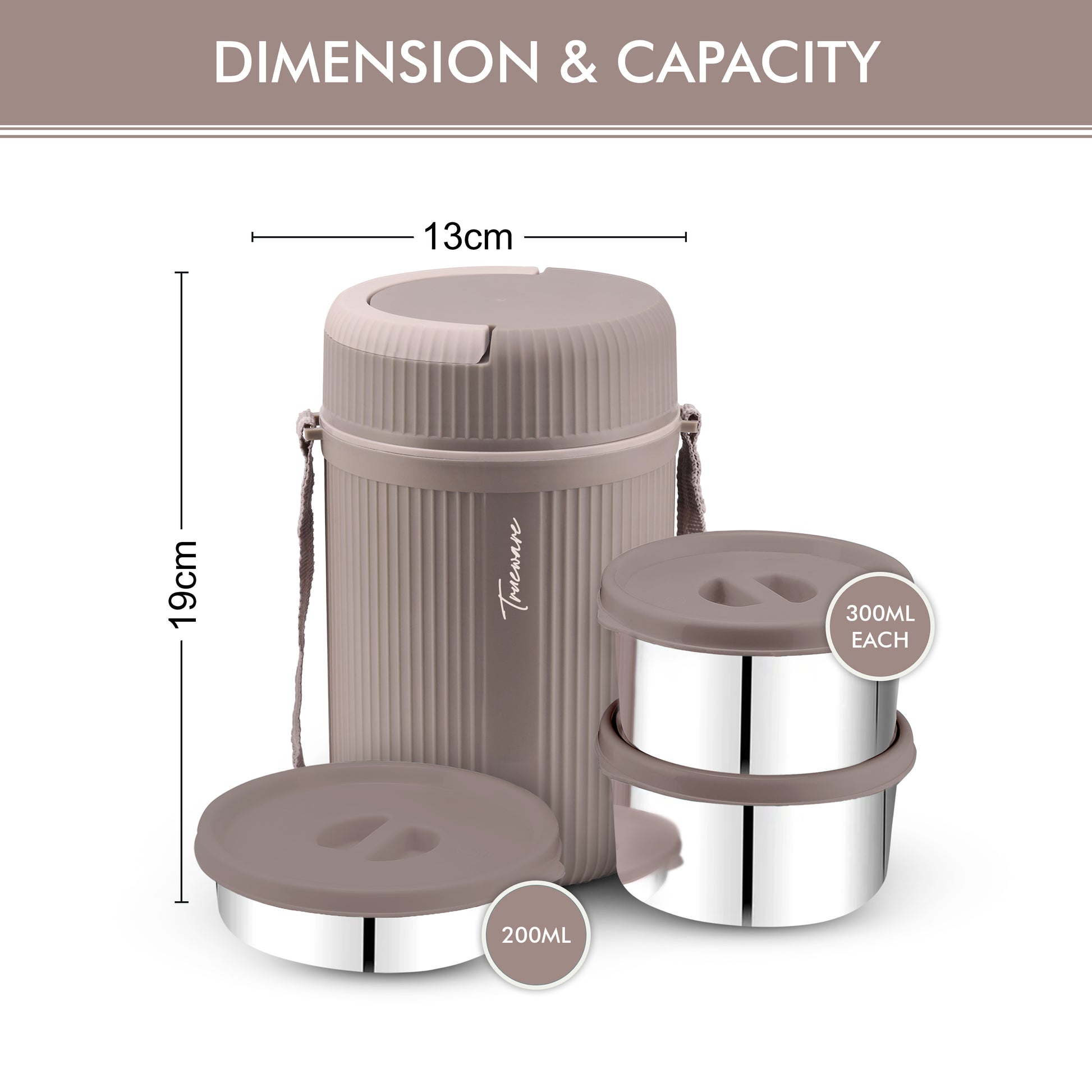 Trueware GRUB 2 Double Wall Insulated Hot Lunch Box with 2 SS Container 300 ML Each & 1 SS Container 200ML
