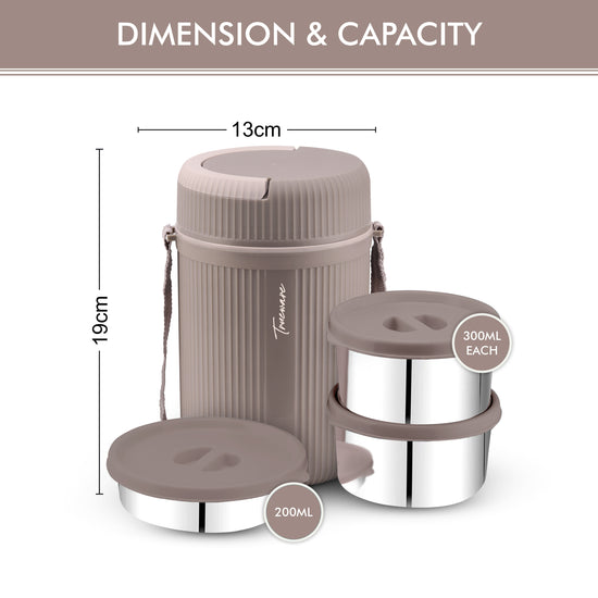 Trueware GRUB 2 Double Wall Insulated Hot Lunch Box with 2 SS Container 300 ML Each & 1 SS Container 200ML