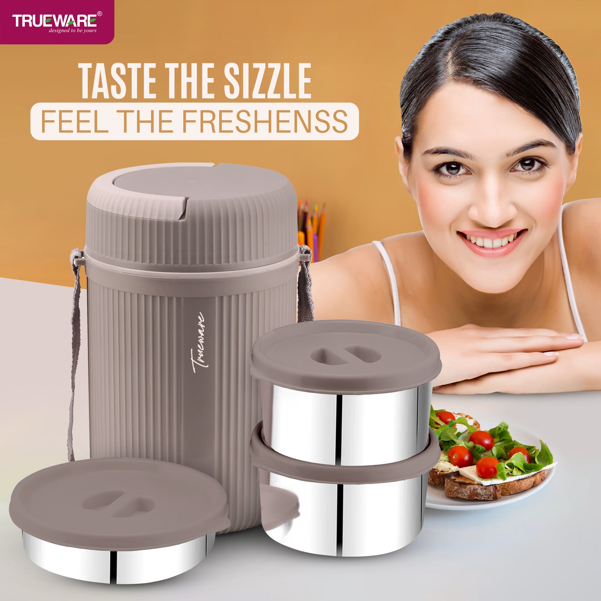 Trueware GRUB 2 Double Wall Insulated Hot Lunch Box with 2 SS Container 300 ML Each & 1 SS Container 200ML