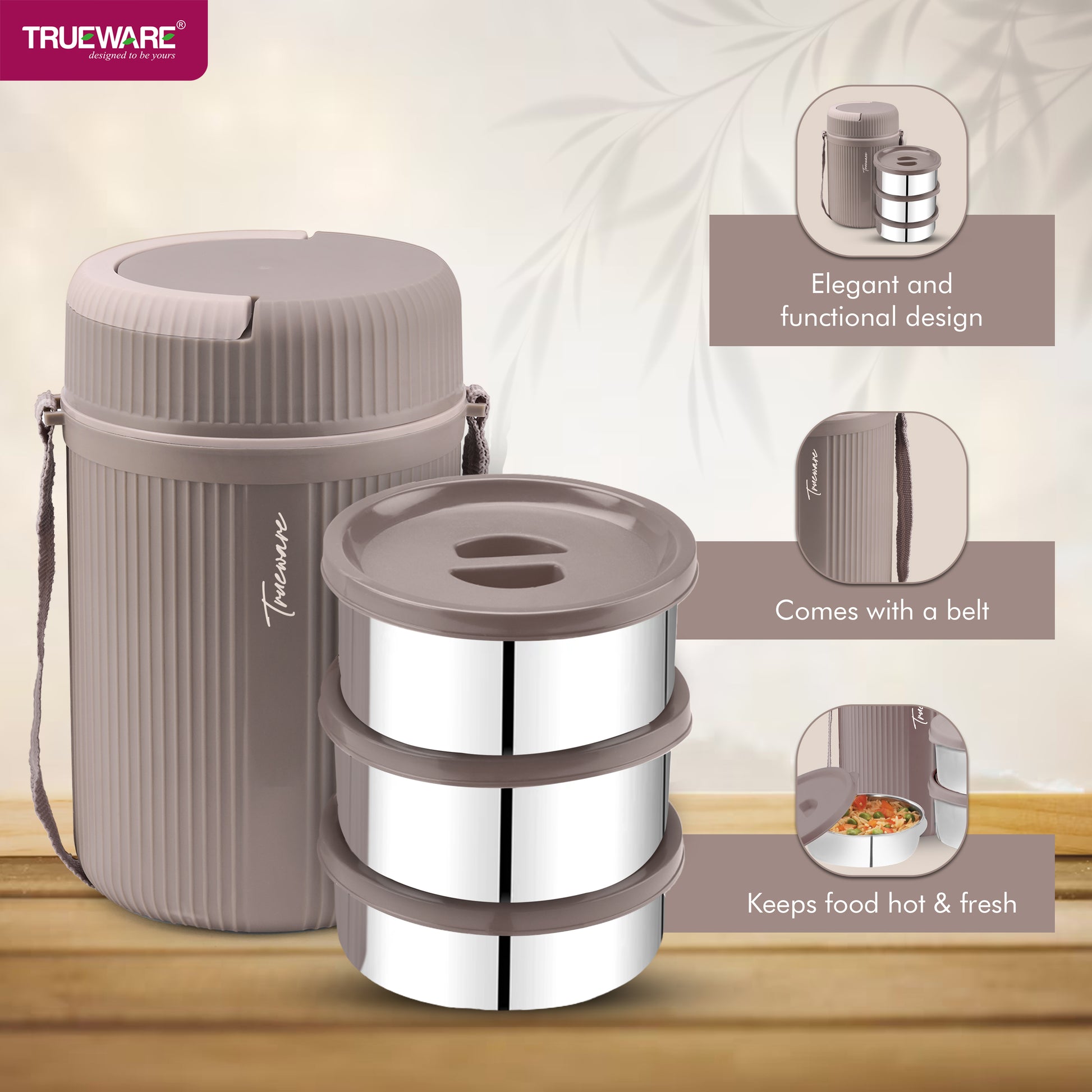 Trueware GRUB 2 Double Wall Insulated Hot Lunch Box with 2 SS Container 300 ML Each & 1 SS Container 200ML