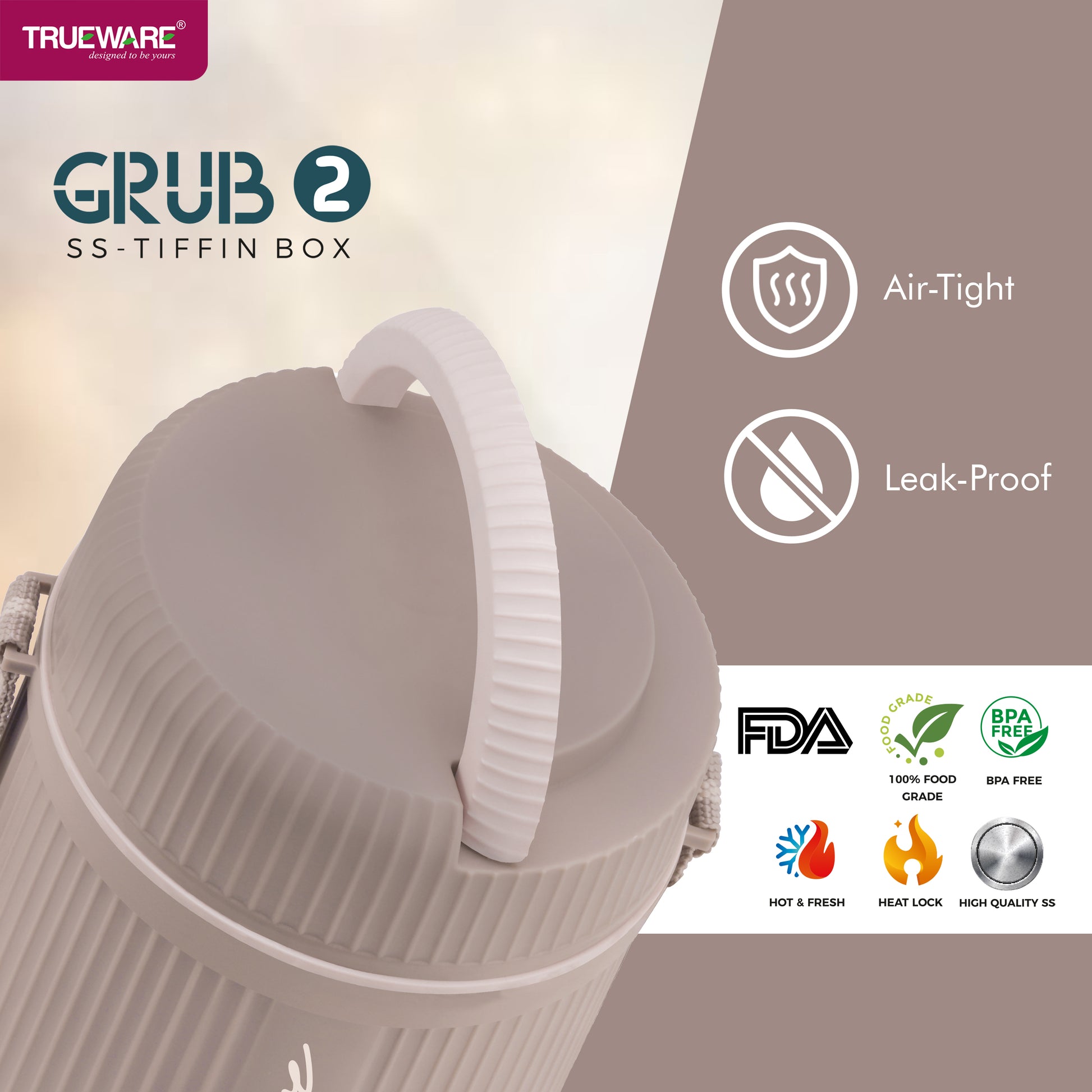 Trueware GRUB 2 Double Wall Insulated Hot Lunch Box with 2 SS Container 300 ML Each & 1 SS Container 200ML