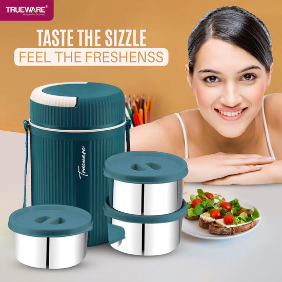 Trueware GRUB 3 Double Wall Insulated Hot Lunch Box with 3 SS Container 300 ML Each