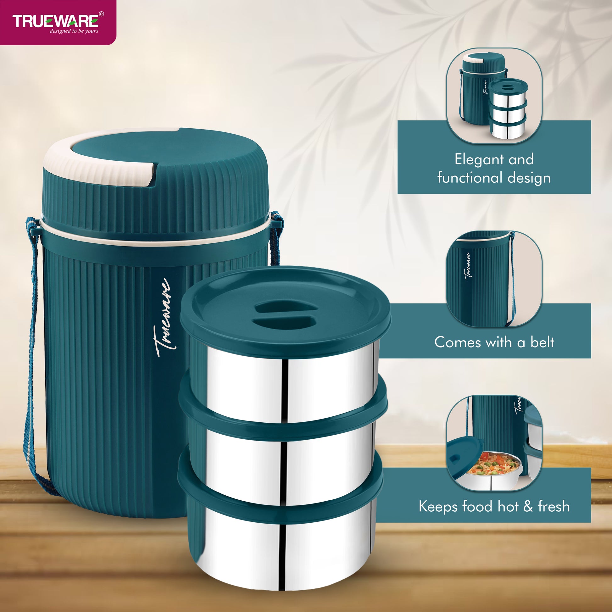 Trueware GRUB 3 Double Wall Insulated Hot Lunch Box with 3 SS Container 300 ML Each