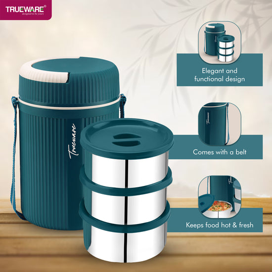 Trueware GRUB 3 Double Wall Insulated Hot Lunch Box with 3 SS Container 300 ML Each