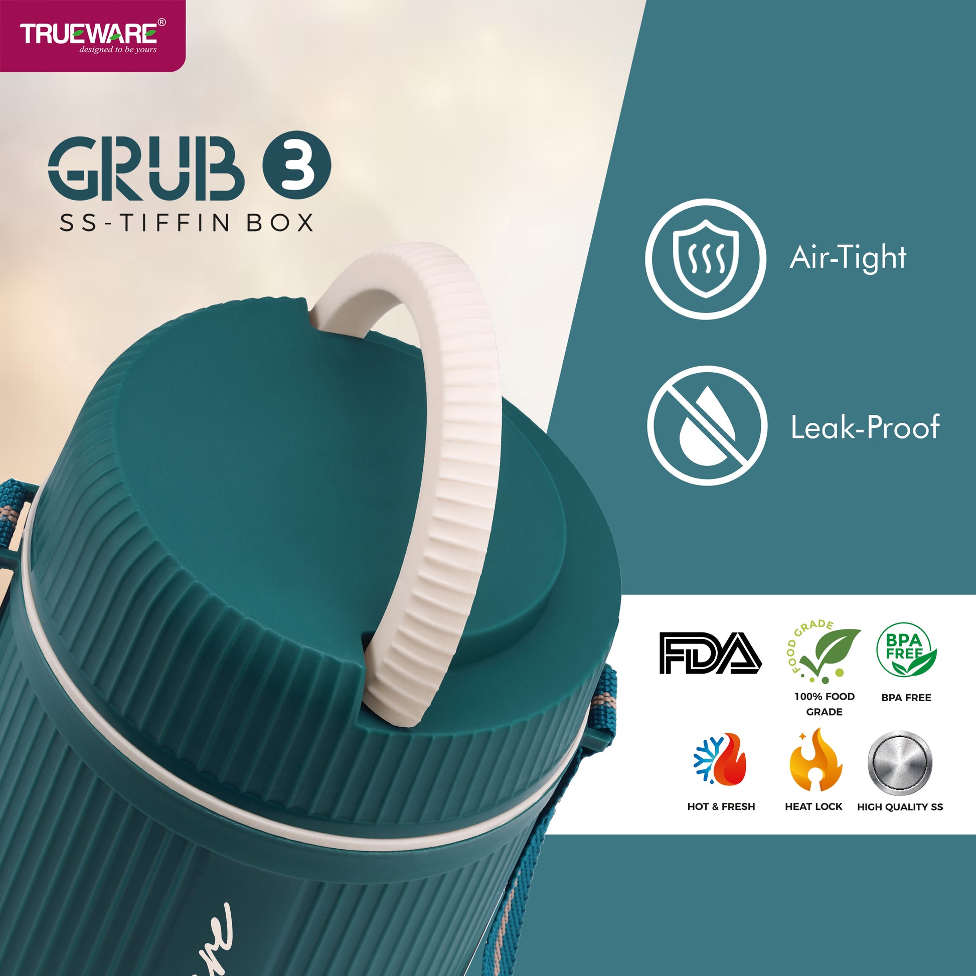 Trueware GRUB 3 Double Wall Insulated Hot Lunch Box with 3 SS Container 300 ML Each