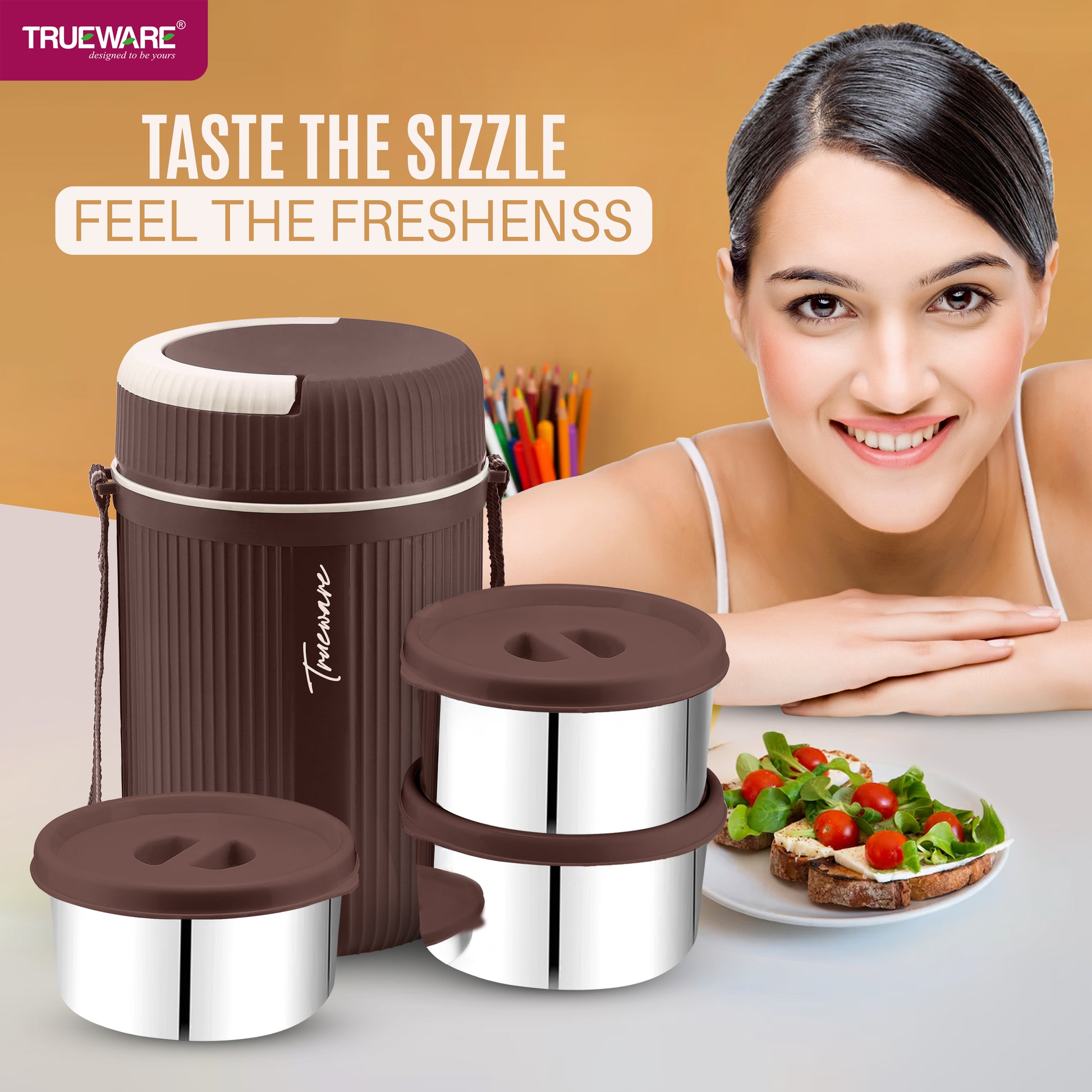 Trueware GRUB 3 Double Wall Insulated Hot Lunch Box with 3 SS Container 300 ML Each