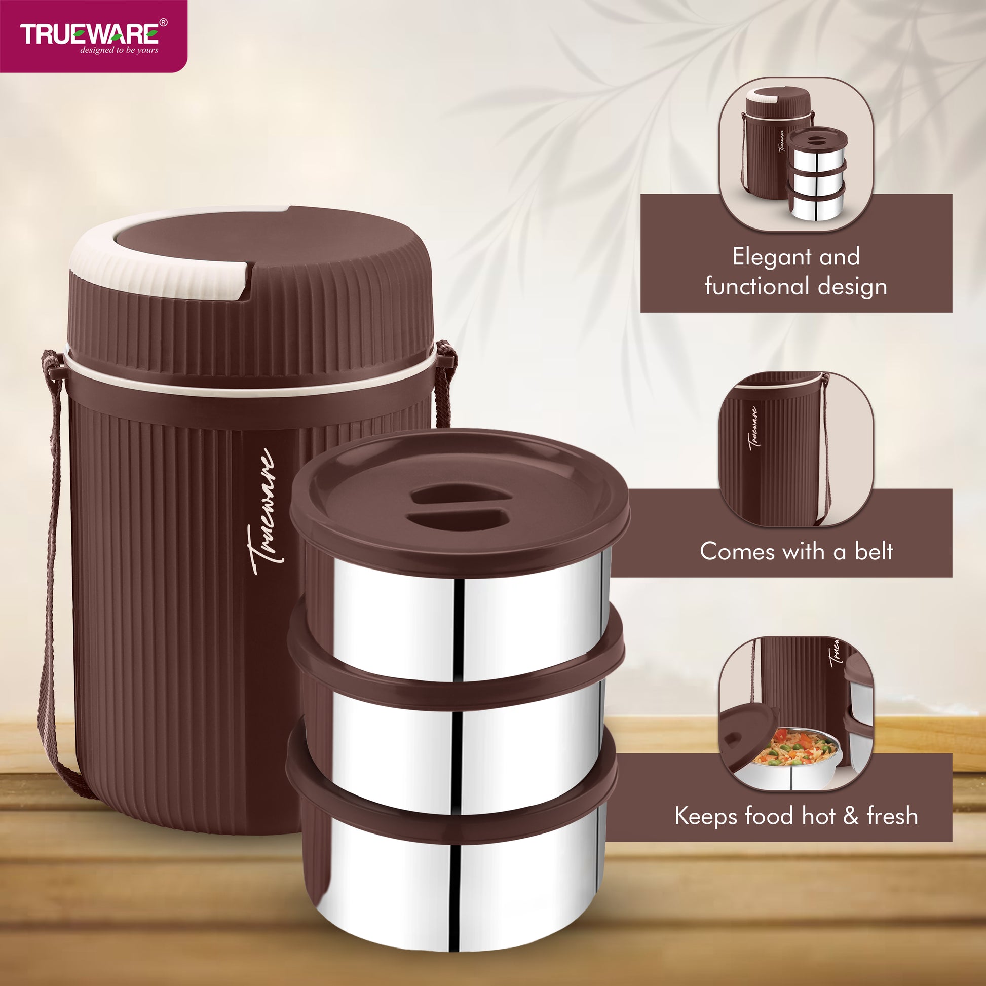 Trueware GRUB 3 Double Wall Insulated Hot Lunch Box with 3 SS Container 300 ML Each