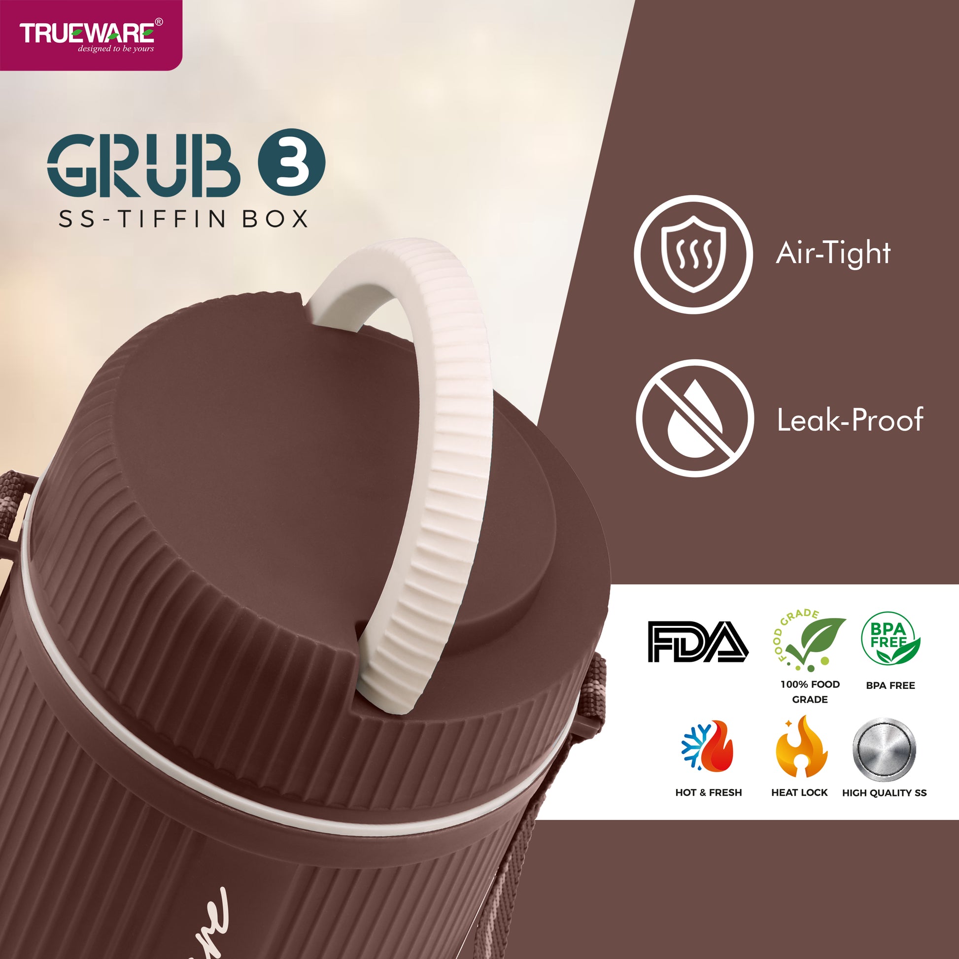 Trueware GRUB 3 Double Wall Insulated Hot Lunch Box with 3 SS Container 300 ML Each