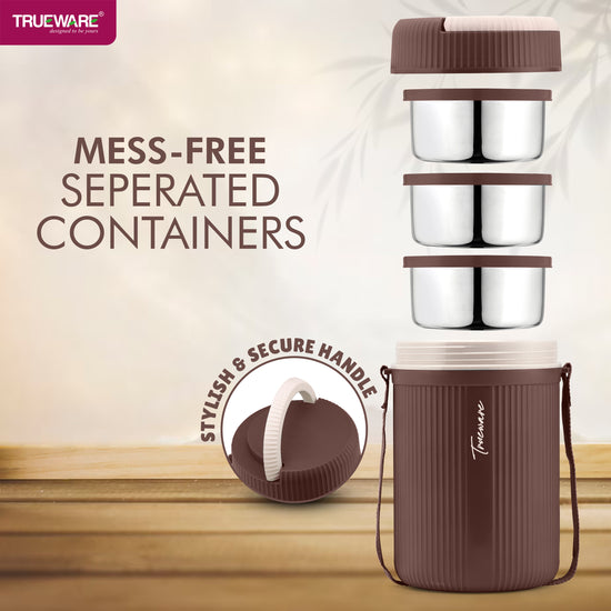 Trueware GRUB 3 Double Wall Insulated Hot Lunch Box with 3 SS Container 300 ML Each