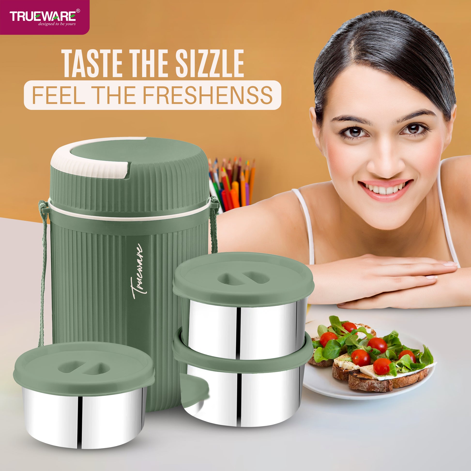 Trueware GRUB 3 Double Wall Insulated Hot Lunch Box with 3 SS Container 300 ML Each