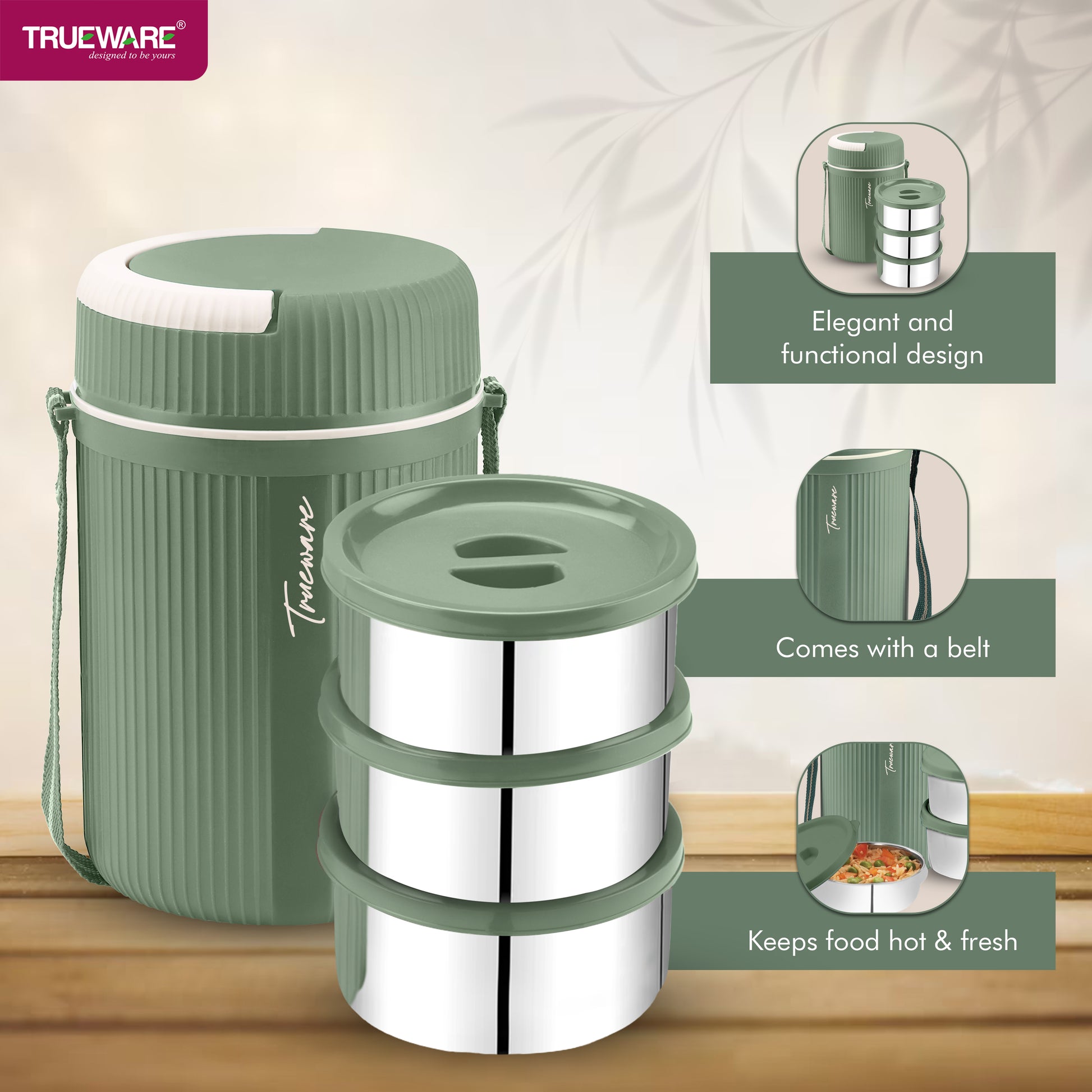 Trueware GRUB 3 Double Wall Insulated Hot Lunch Box with 3 SS Container 300 ML Each