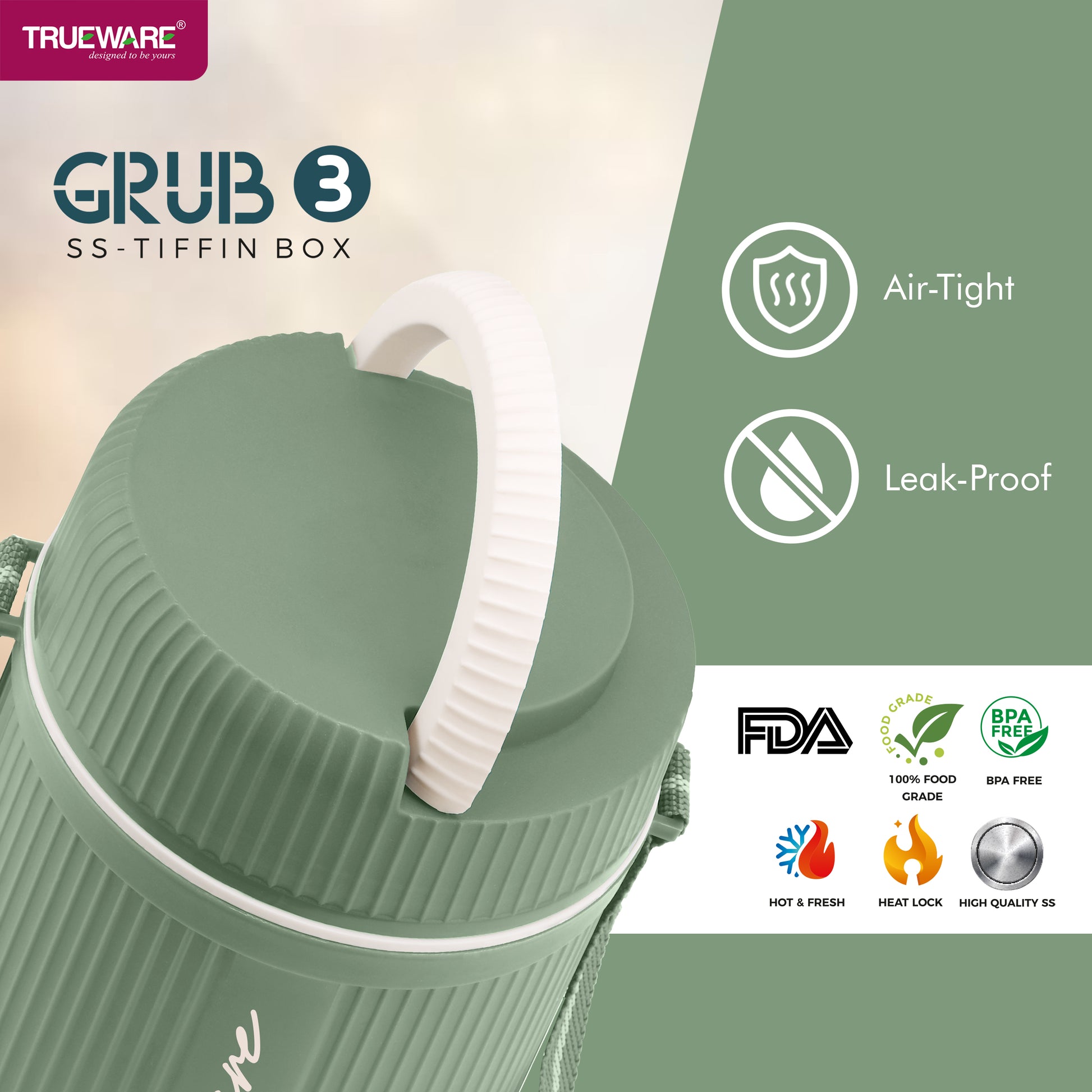 Trueware GRUB 3 Double Wall Insulated Hot Lunch Box with 3 SS Container 300 ML Each