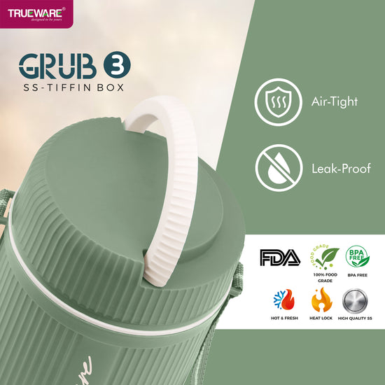 Trueware GRUB 3 Double Wall Insulated Hot Lunch Box with 3 SS Container 300 ML Each