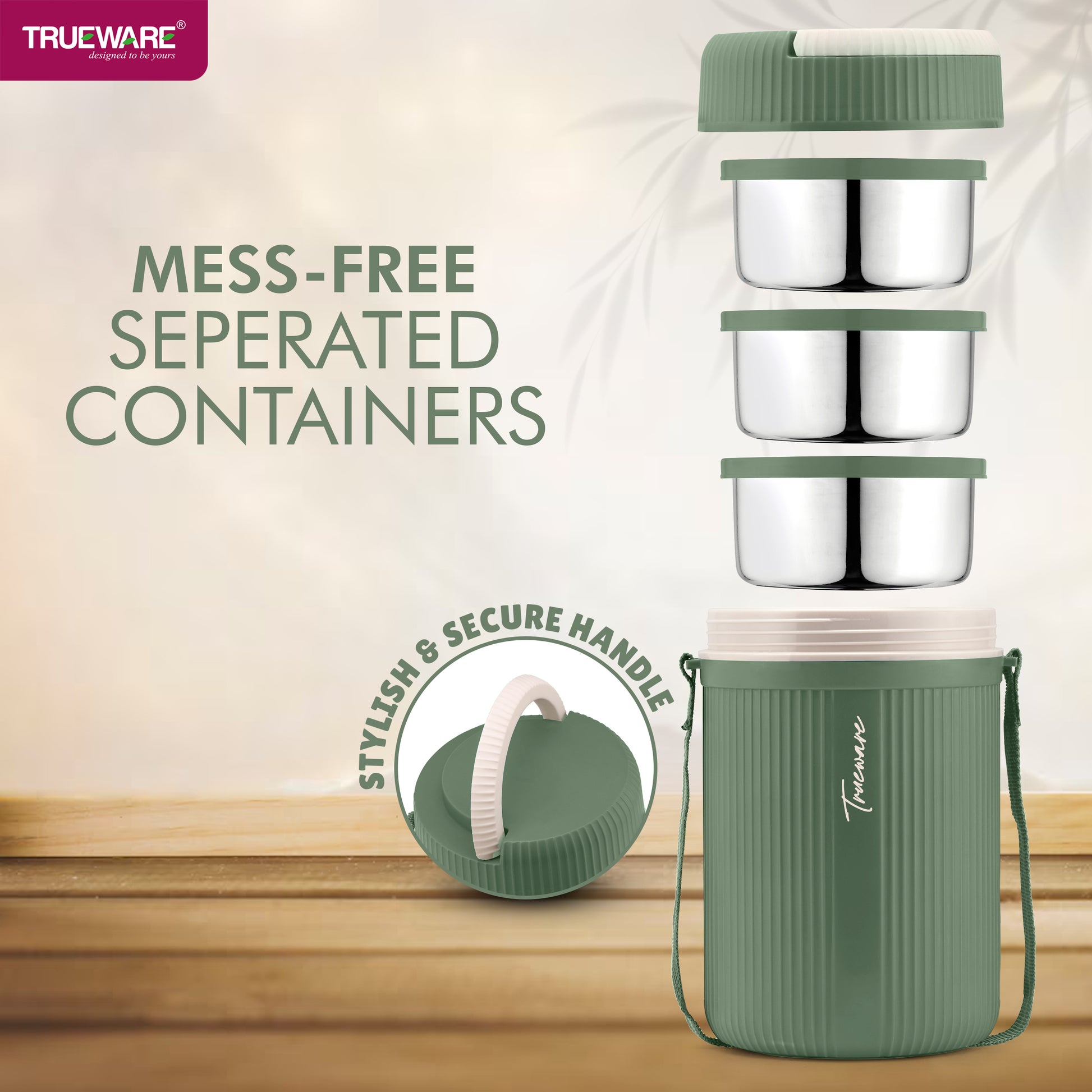 Trueware GRUB 3 Double Wall Insulated Hot Lunch Box with 3 SS Container 300 ML Each