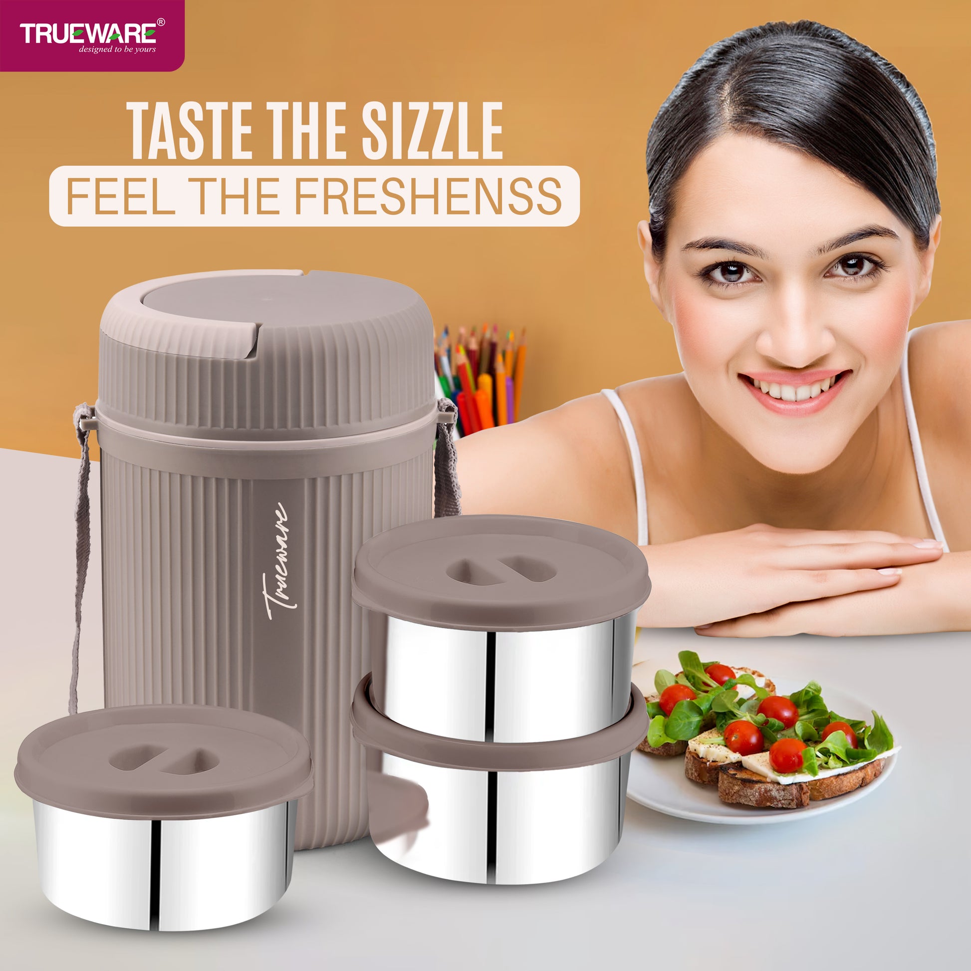 Trueware GRUB 3 Double Wall Insulated Hot Lunch Box with 3 SS Container 300 ML Each