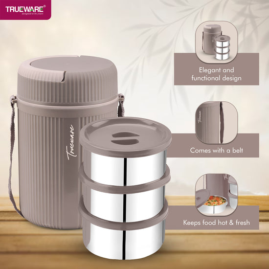 Trueware GRUB 3 Double Wall Insulated Hot Lunch Box with 3 SS Container 300 ML Each