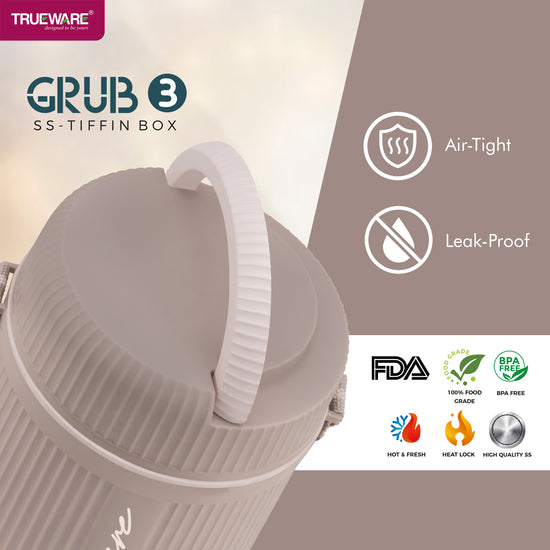 Trueware GRUB 3 Double Wall Insulated Hot Lunch Box with 3 SS Container 300 ML Each