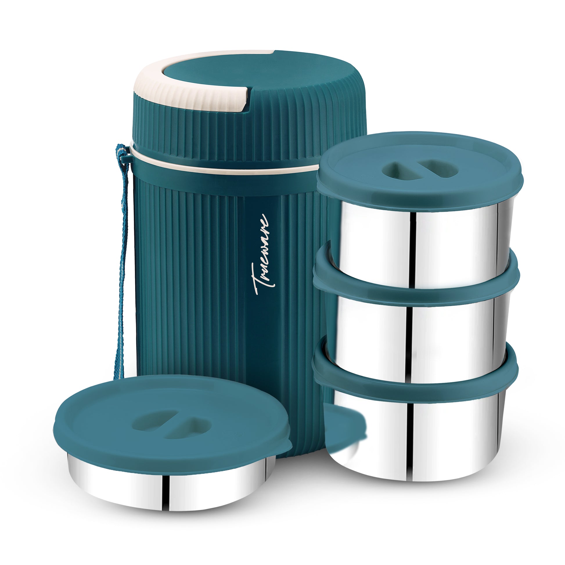 Trueware Plastic Grub 4 Double Wall Insulated Hot Lunch Box With 3 SS Container 300 Ml Each & 1 SS Container 200Ml
