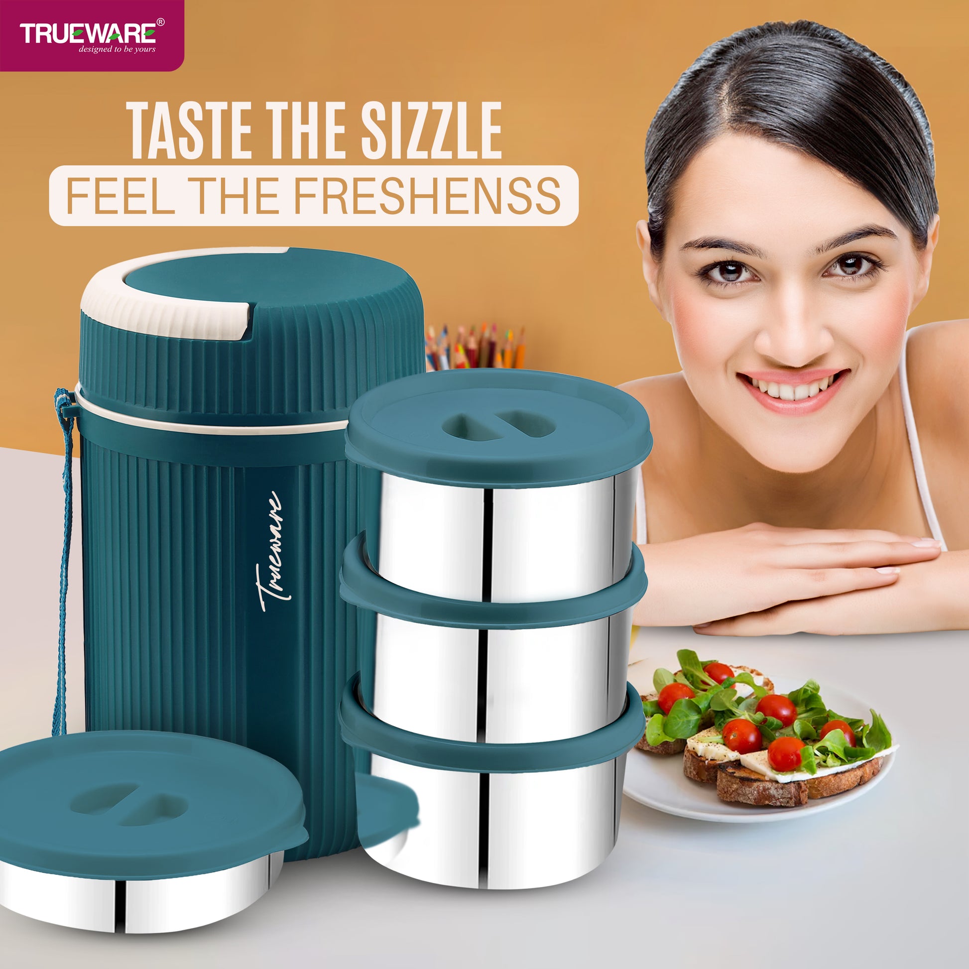 Trueware Plastic Grub 4 Double Wall Insulated Hot Lunch Box With 3 SS Container 300 Ml Each & 1 SS Container 200Ml