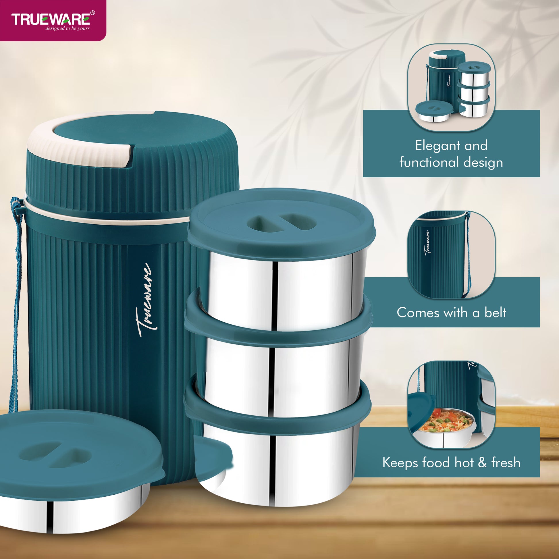 Trueware Plastic Grub 4 Double Wall Insulated Hot Lunch Box With 3 SS Container 300 Ml Each & 1 SS Container 200Ml