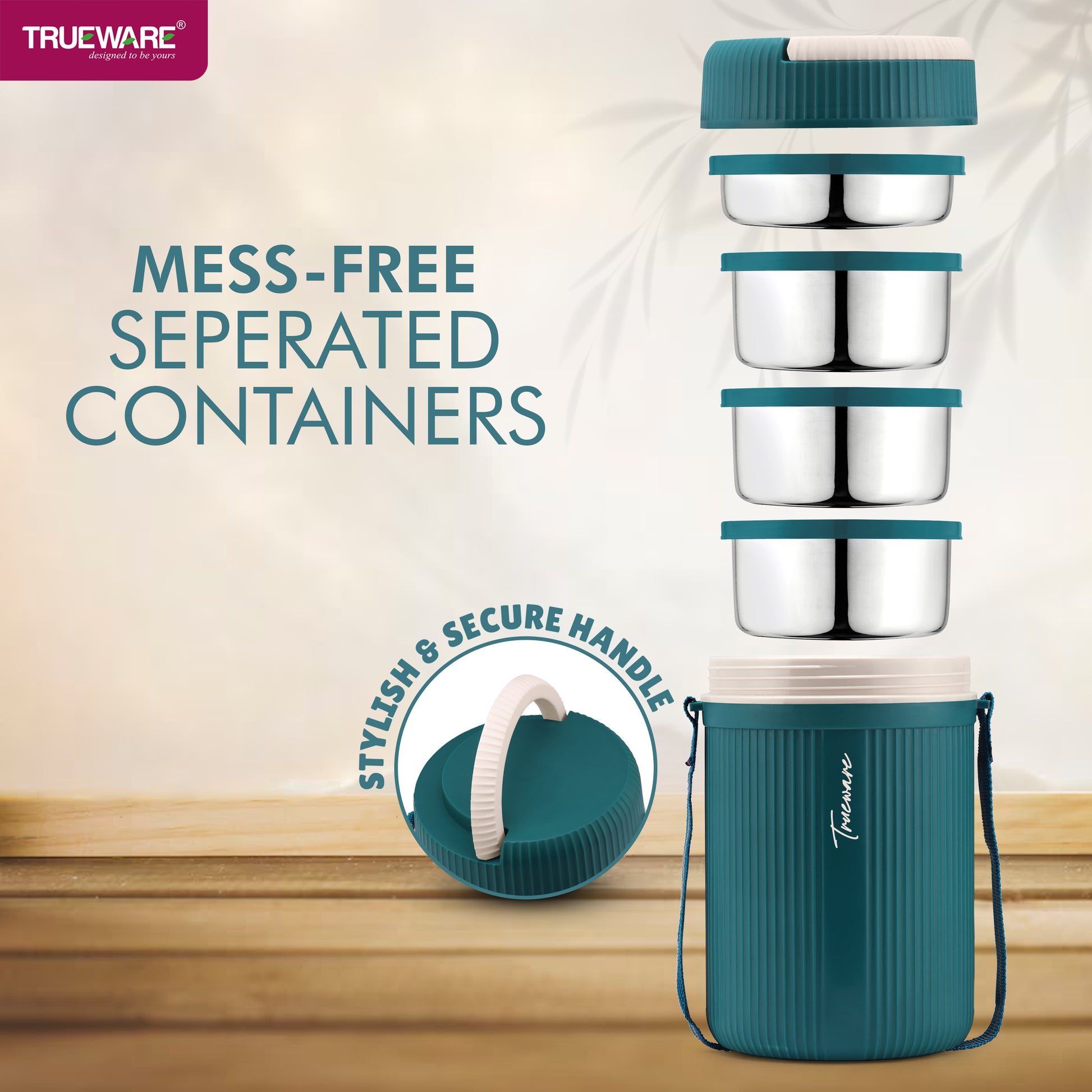 Trueware Plastic Grub 4 Double Wall Insulated Hot Lunch Box With 3 SS Container 300 Ml Each & 1 SS Container 200Ml
