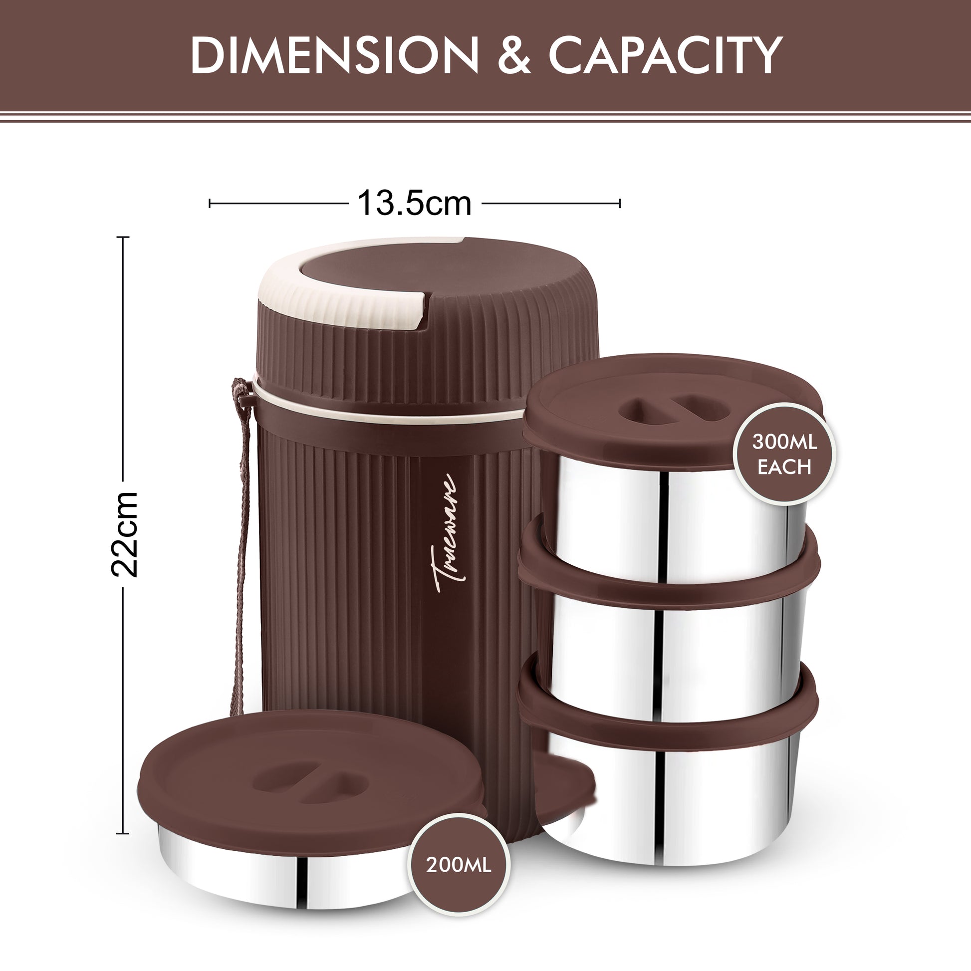 Trueware Plastic Grub 4 Double Wall Insulated Hot Lunch Box With 3 SS Container 300 Ml Each & 1 SS Container 200Ml