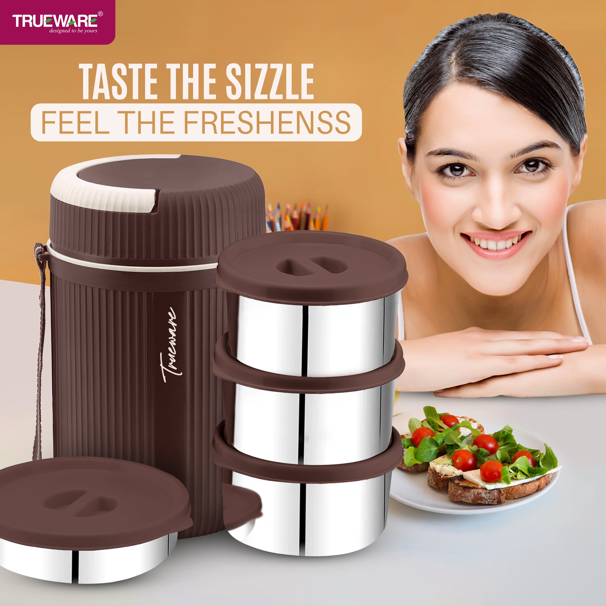 Trueware Plastic Grub 4 Double Wall Insulated Hot Lunch Box With 3 SS Container 300 Ml Each & 1 SS Container 200Ml