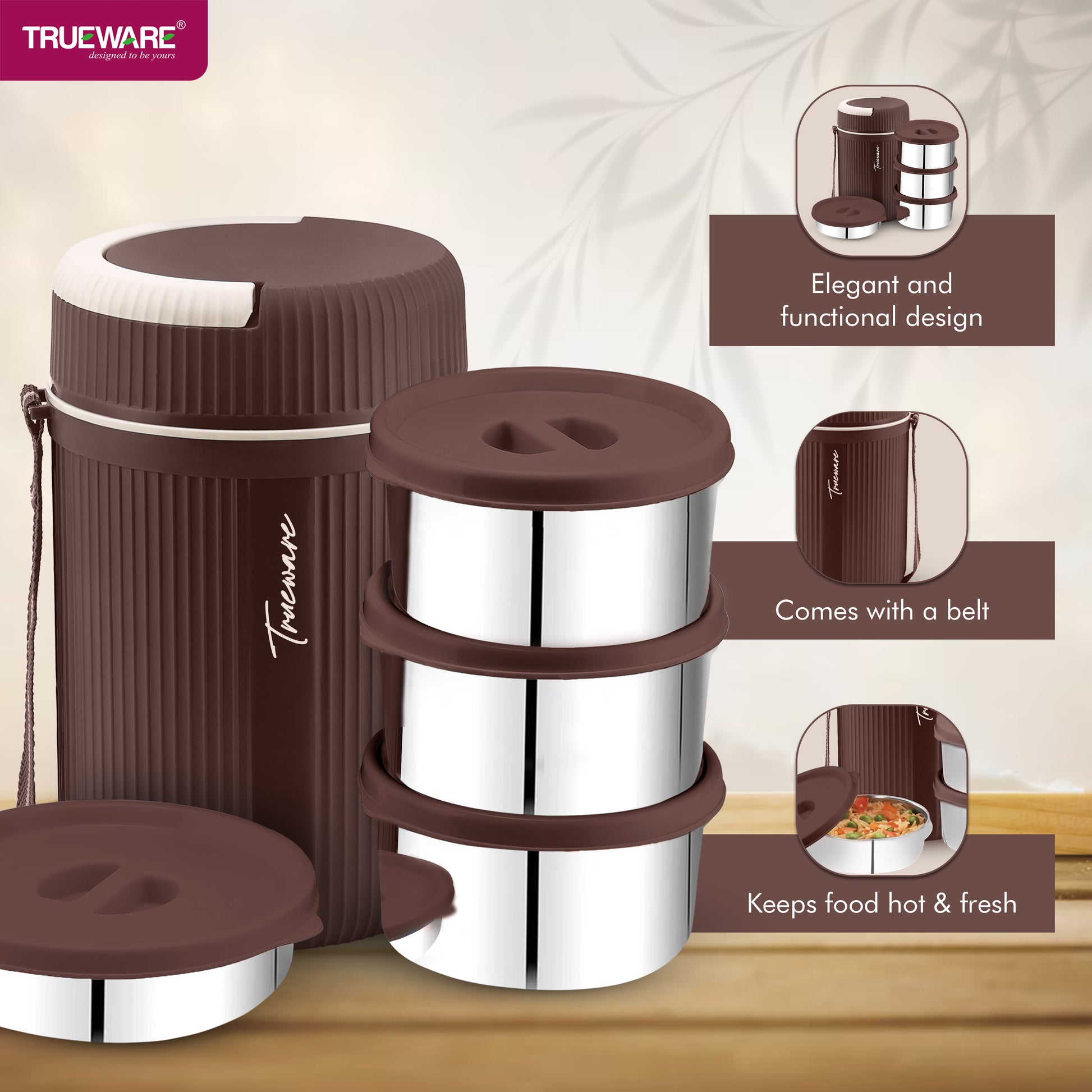 Trueware Plastic Grub 4 Double Wall Insulated Hot Lunch Box With 3 SS Container 300 Ml Each & 1 SS Container 200Ml