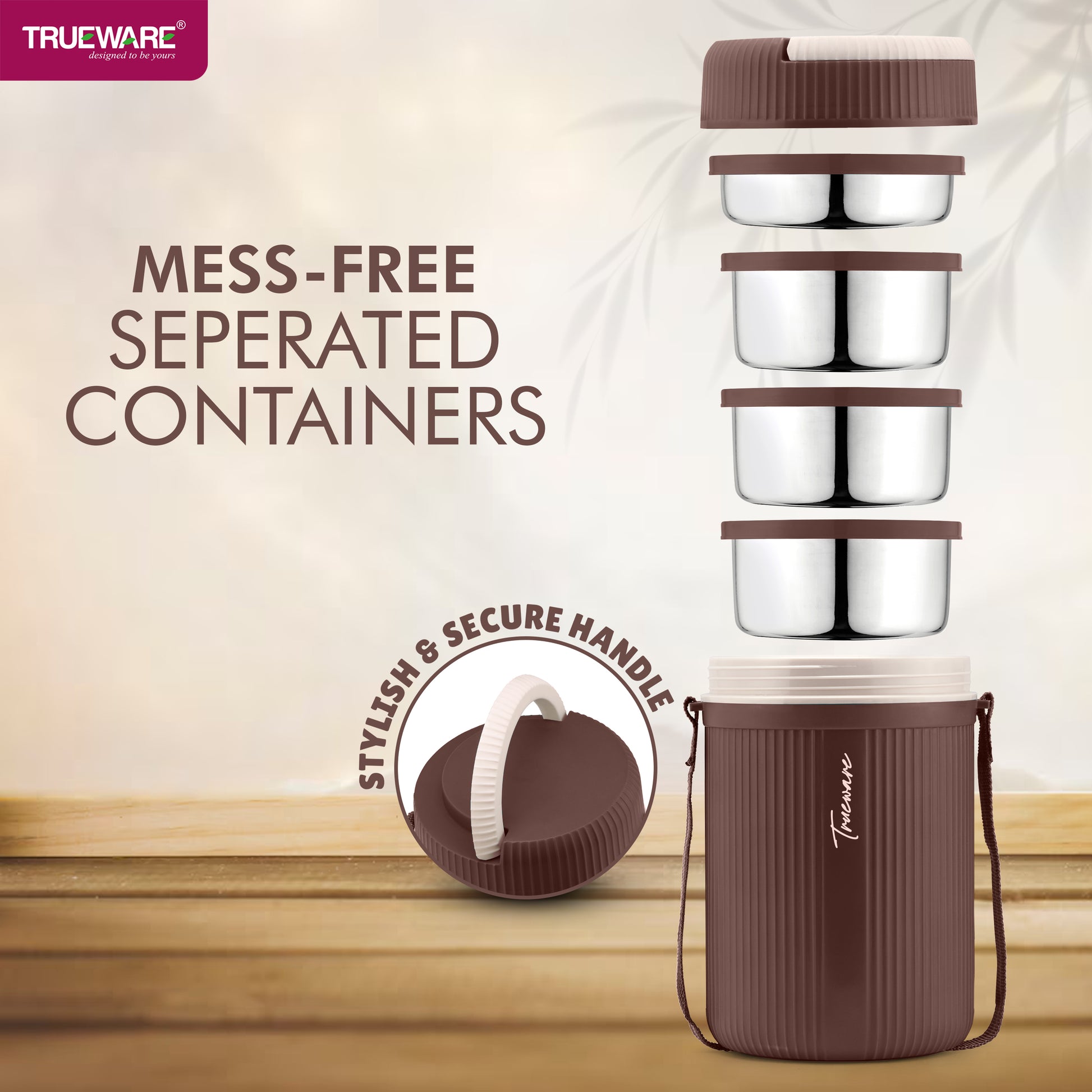 Trueware Plastic Grub 4 Double Wall Insulated Hot Lunch Box With 3 SS Container 300 Ml Each & 1 SS Container 200Ml